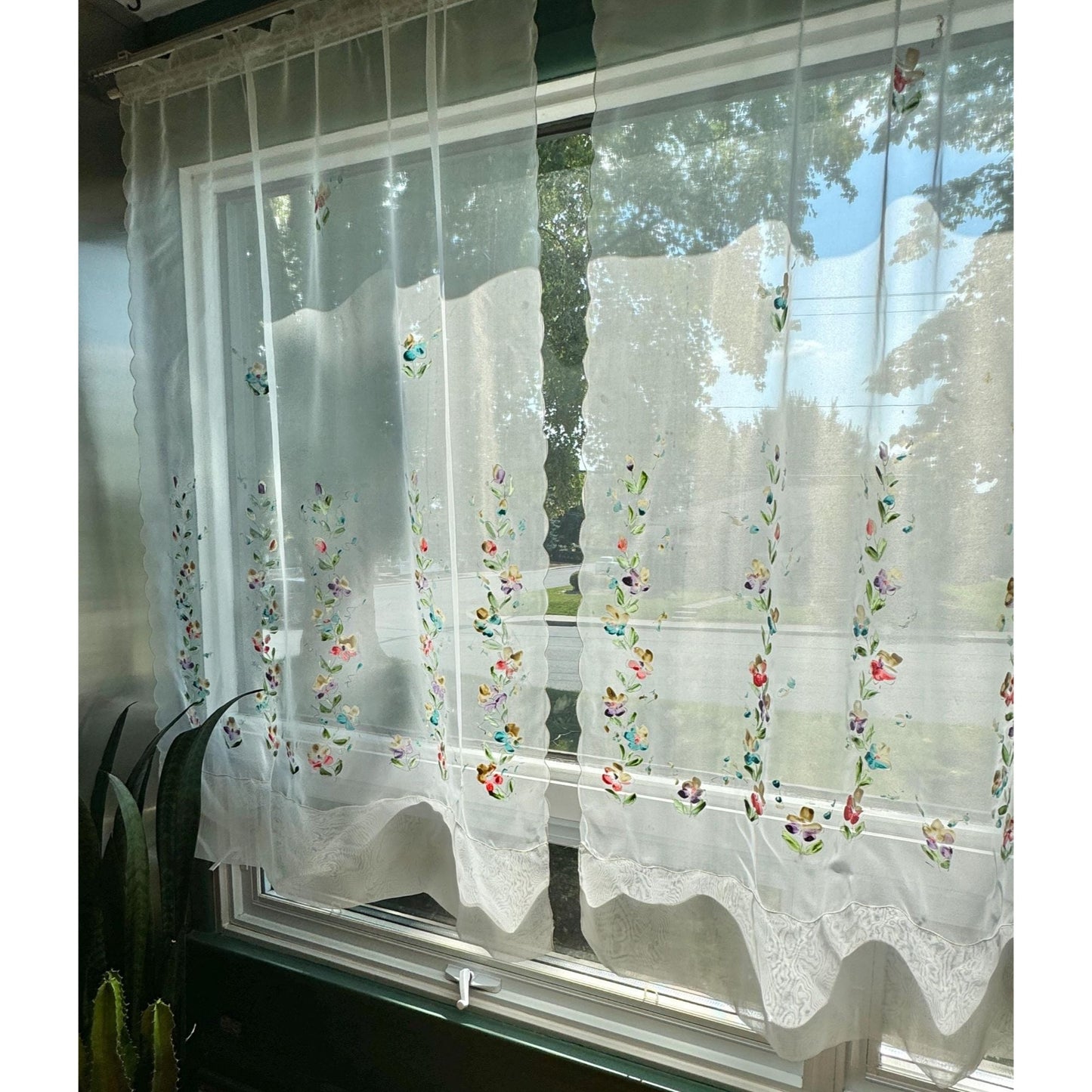 Vintage 50s curtain, sheer hand painted floral panel