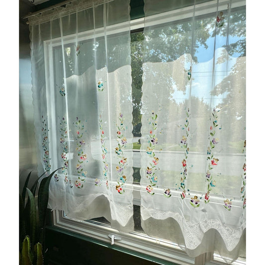 Vintage 50s curtain, sheer hand painted floral panel