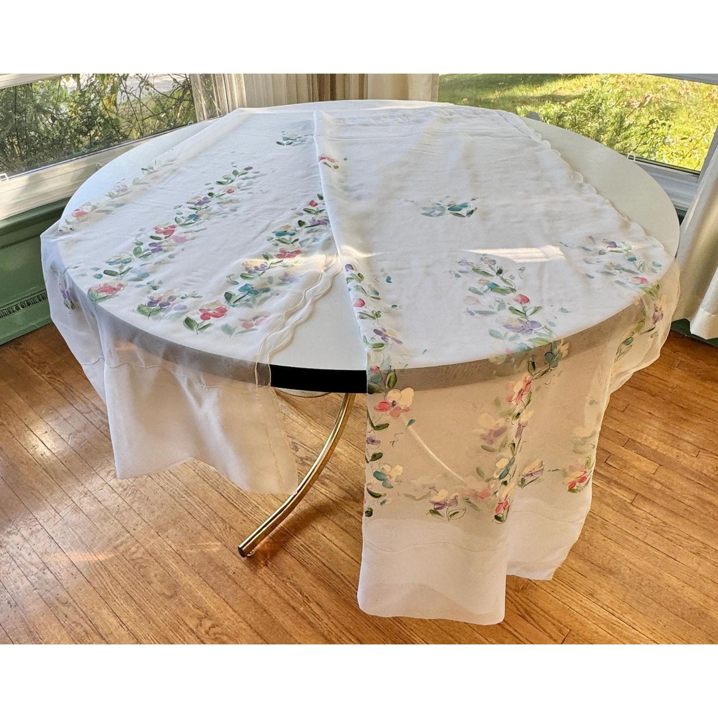 Vintage 50s curtain, sheer hand painted floral panel