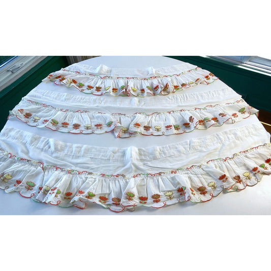 Vintage 70s curtain, ruffled floral, embroidered orange yellow green, scalloped edges valance