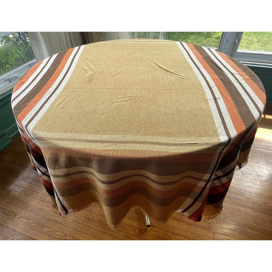 Vintage 80s tablecloth, brown, tan, orange, rectangular fringed