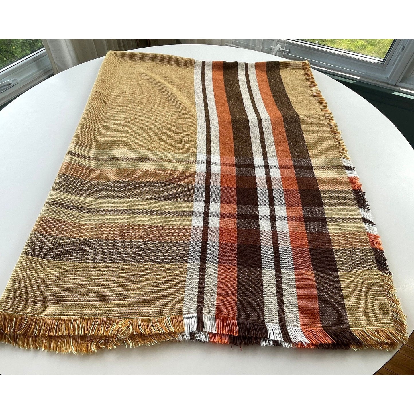 Vintage 80s tablecloth, brown, tan, orange, rectangular fringed
