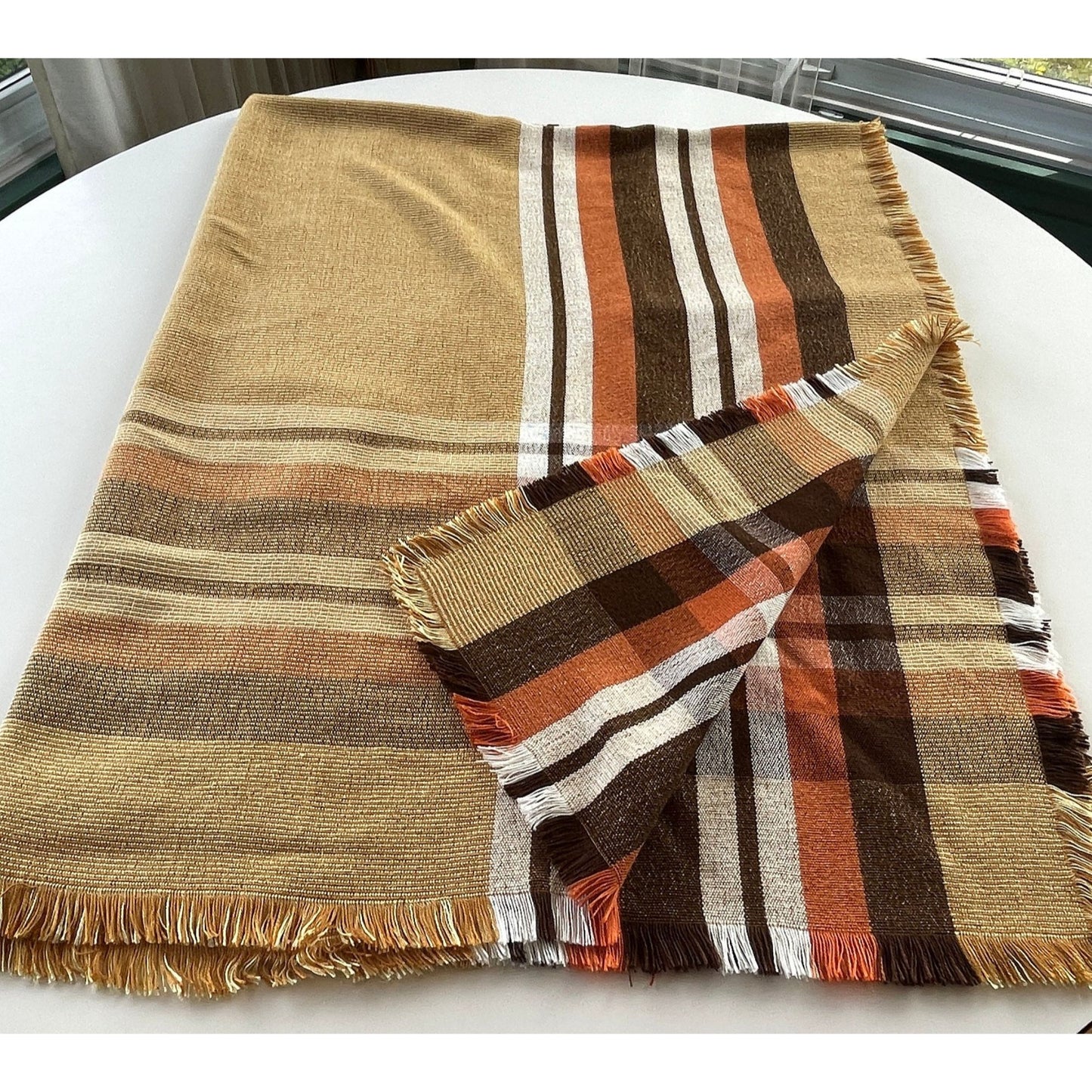Vintage 80s tablecloth, brown, tan, orange, rectangular fringed