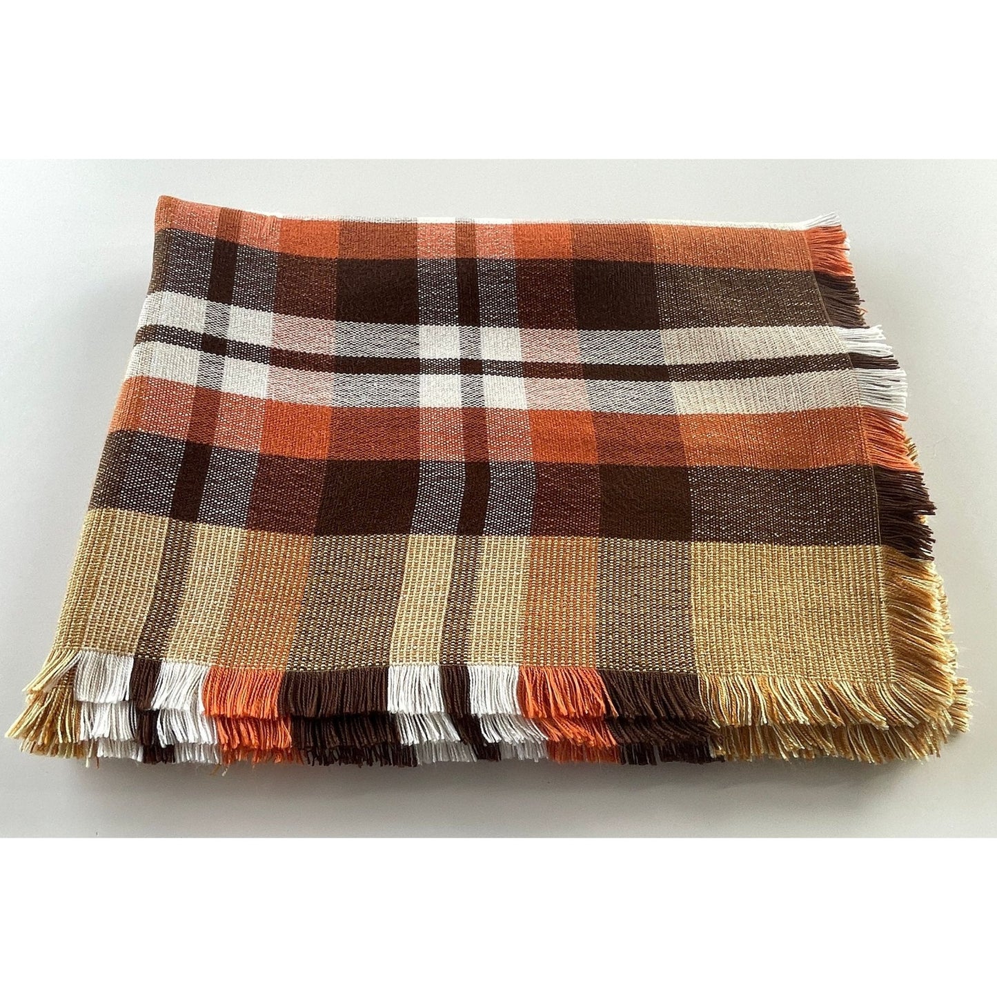 Vintage 80s tablecloth, brown, tan, orange, rectangular fringed