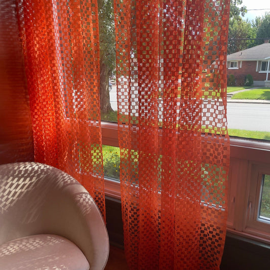 Vintage 70s pleated curtain, orange open weave mesh panel