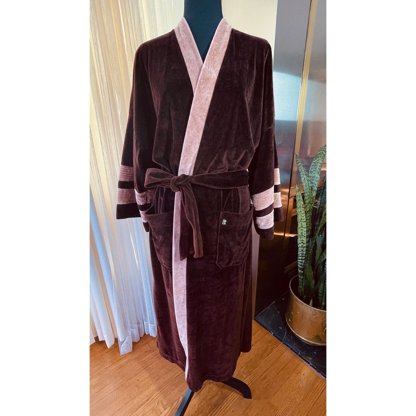 Vintage 1970s bathrobe, chocolate brown velvet, Pierre Cardin