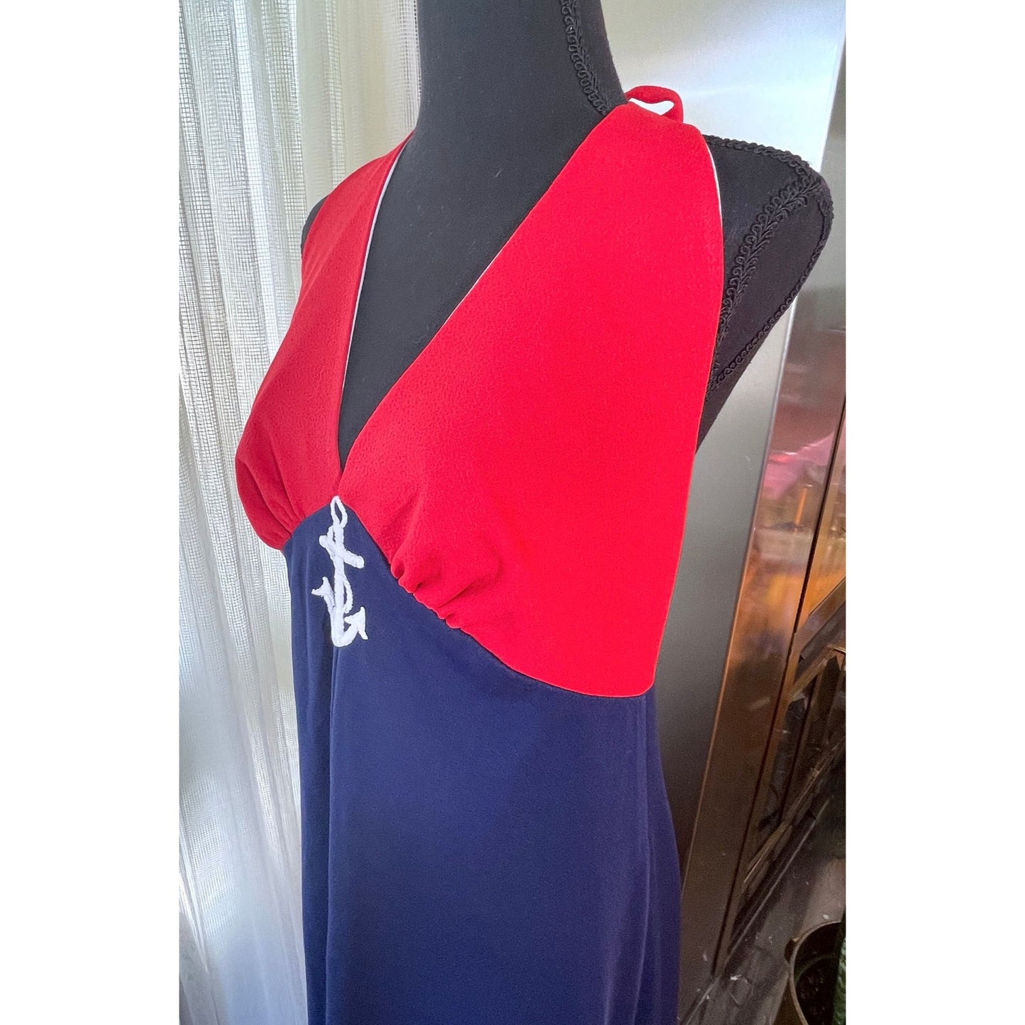 Vintage 70s halter dress, red and navy blue