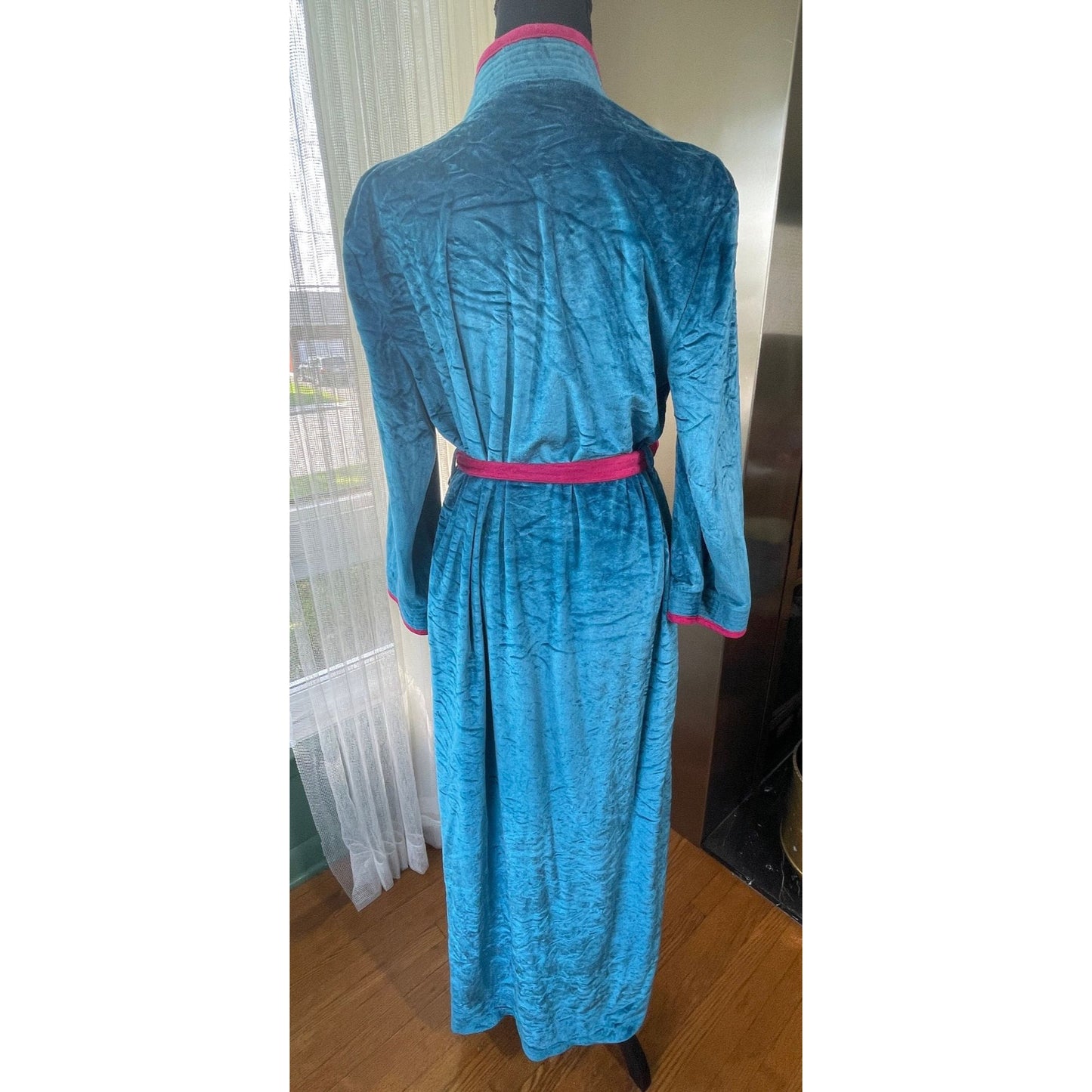 Vintage 80s robe, blue and pink crushed velvet, Sears