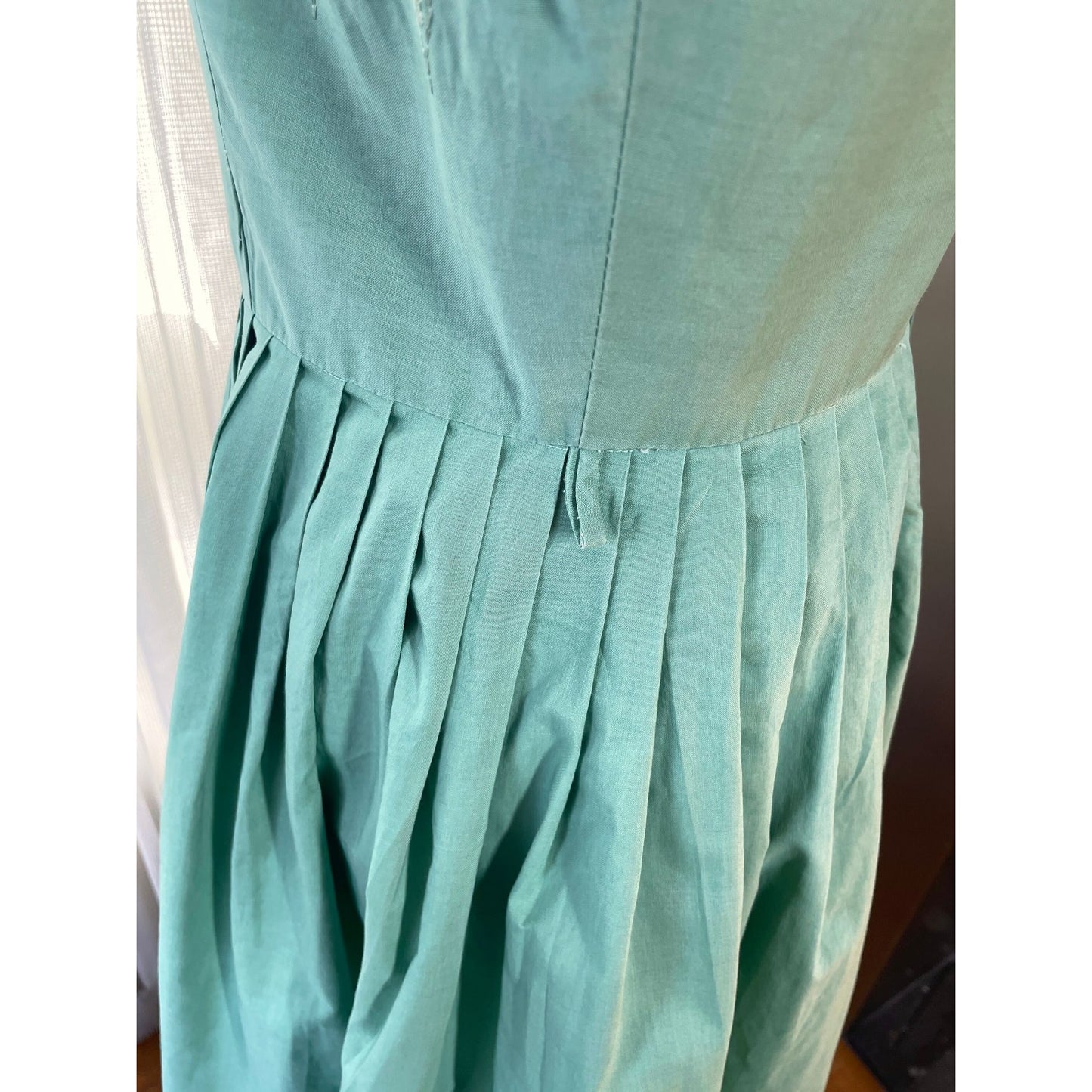 Vintage 50s swing dress, mint green, boat collar, detailed embroidery