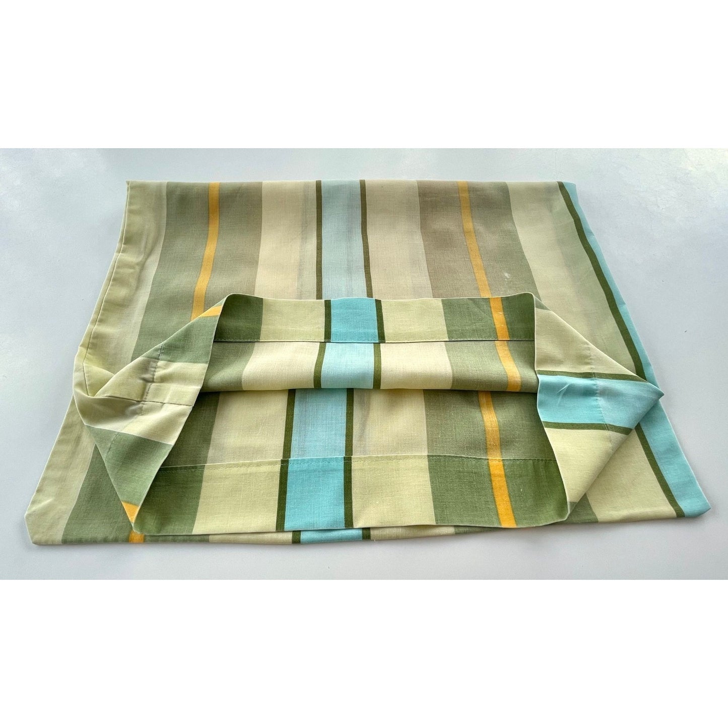 Vintage 80s pillowcase, green, yellow and blue stripes pattern