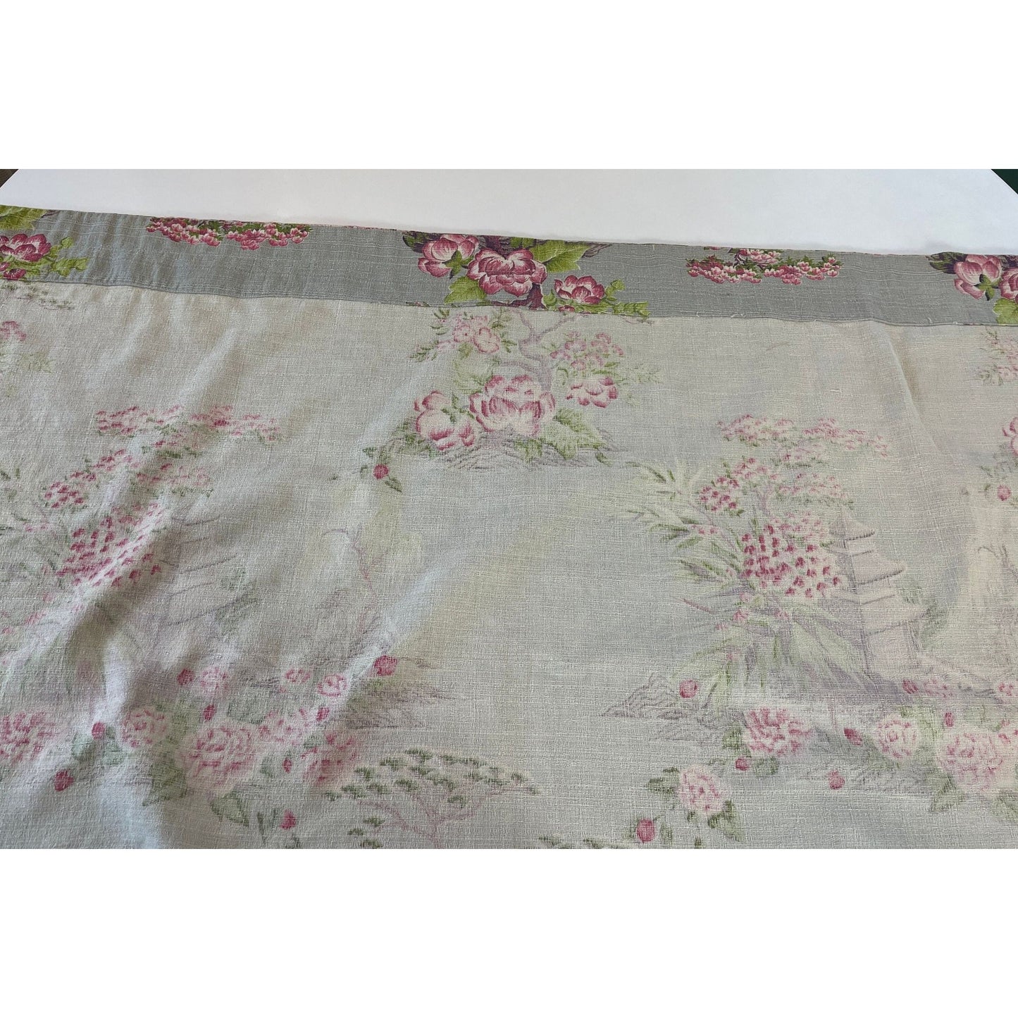 Vintage MCM barkcloth curtain, Asian inspired pink blossom trees