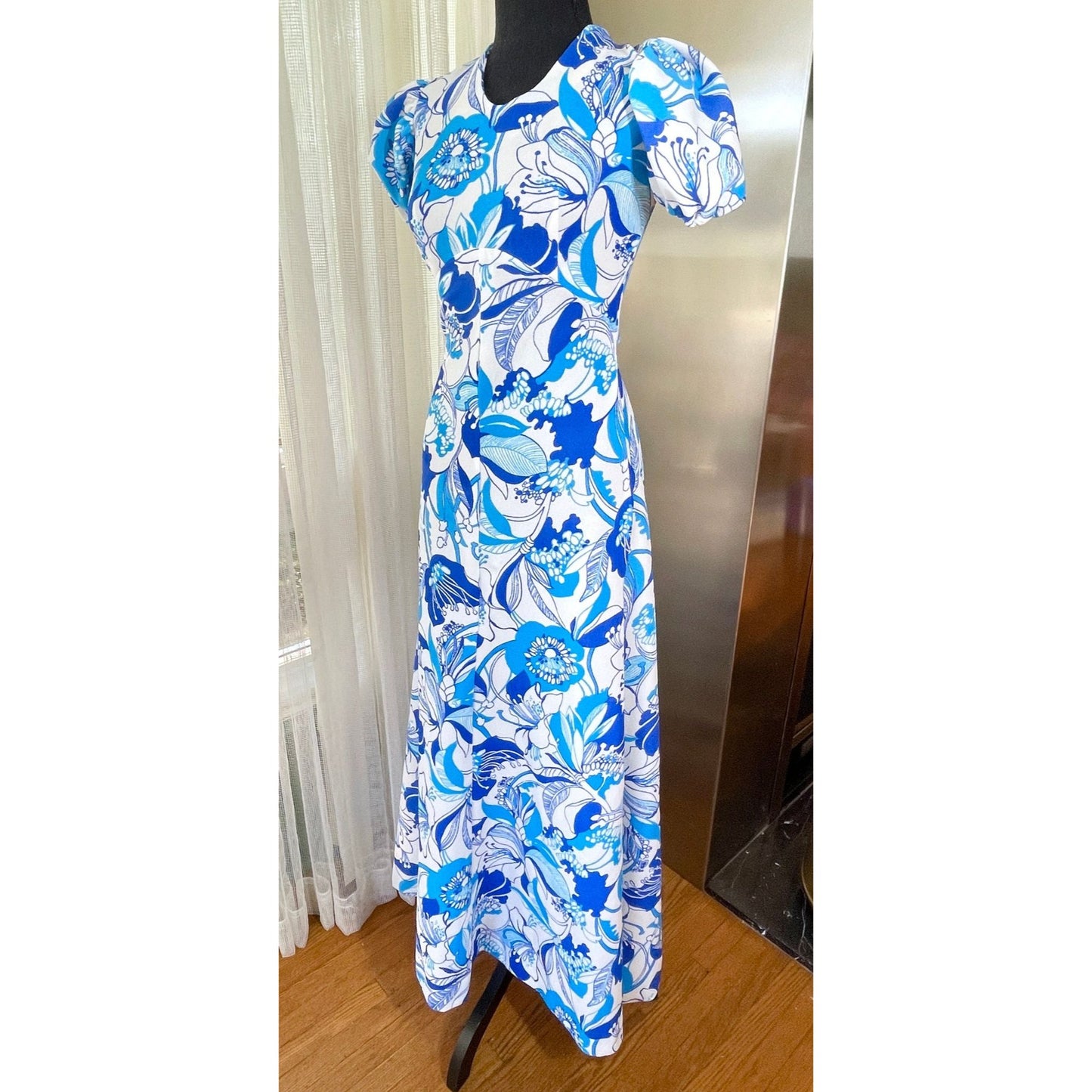 Vintage 1960s maxi dress, large tropical blue flowers