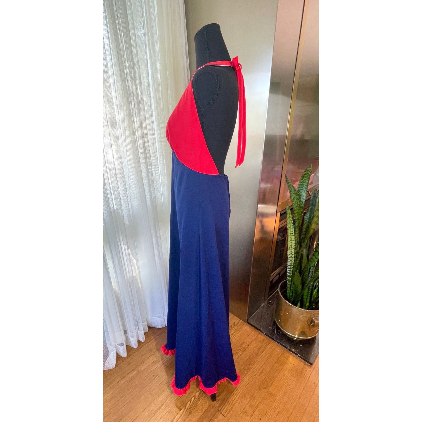 Vintage 70s halter dress, red and navy blue