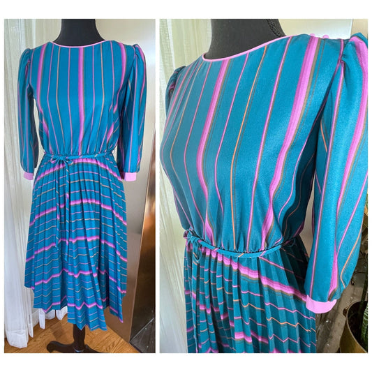Vintage 80s dress, turquoise and pink stripes, long sleeves, pleated skirt