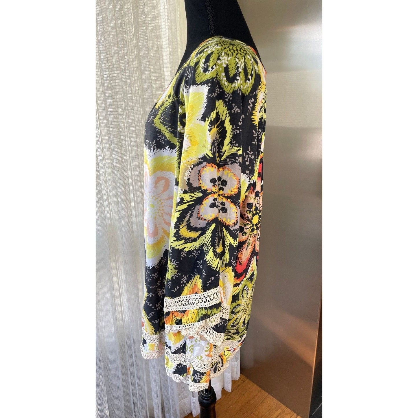 Vintage 80s oversized blouse, black, yellow orange flowers, bell sleeves