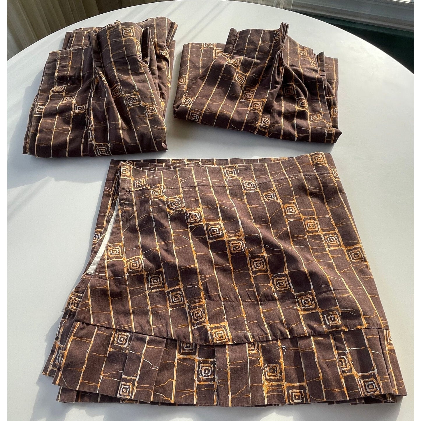 Vintage 70s pleated curtains, brown and orange, single panel or valance