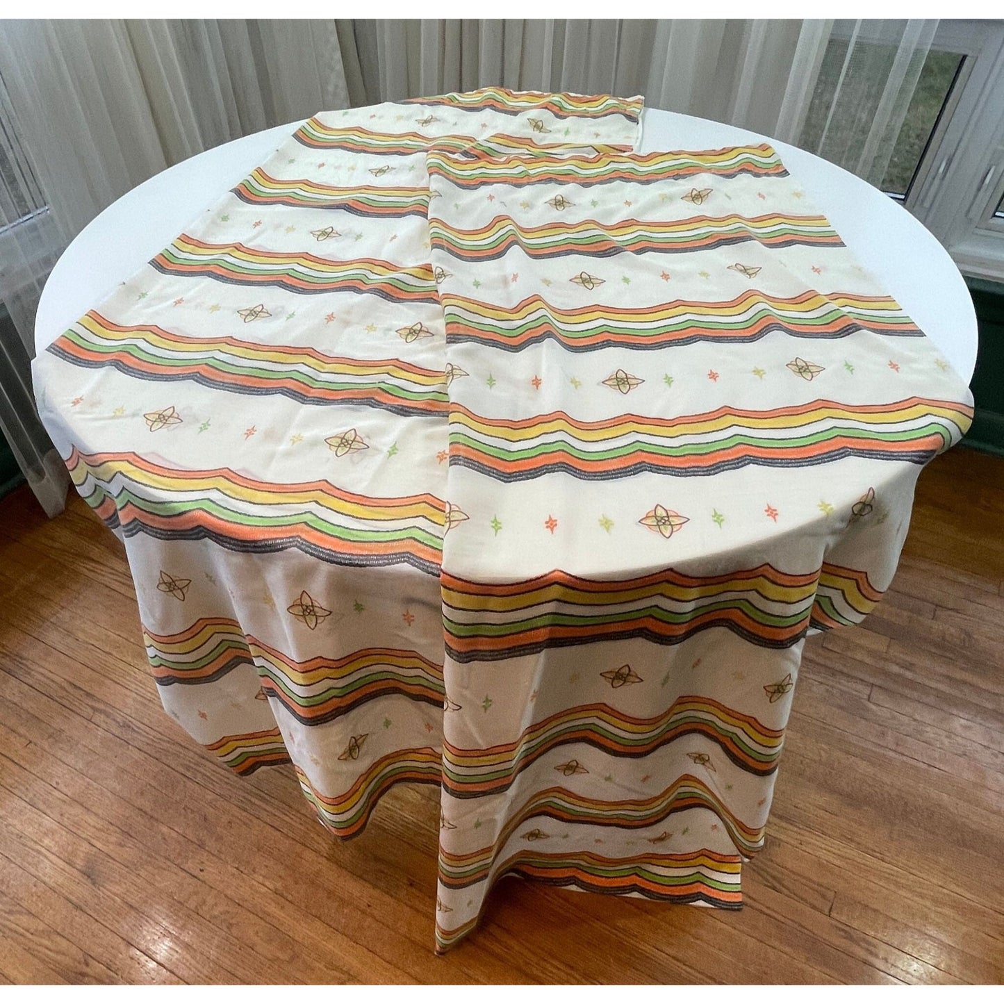 Vintage 60s geometric pattern curtains, orange green and brown