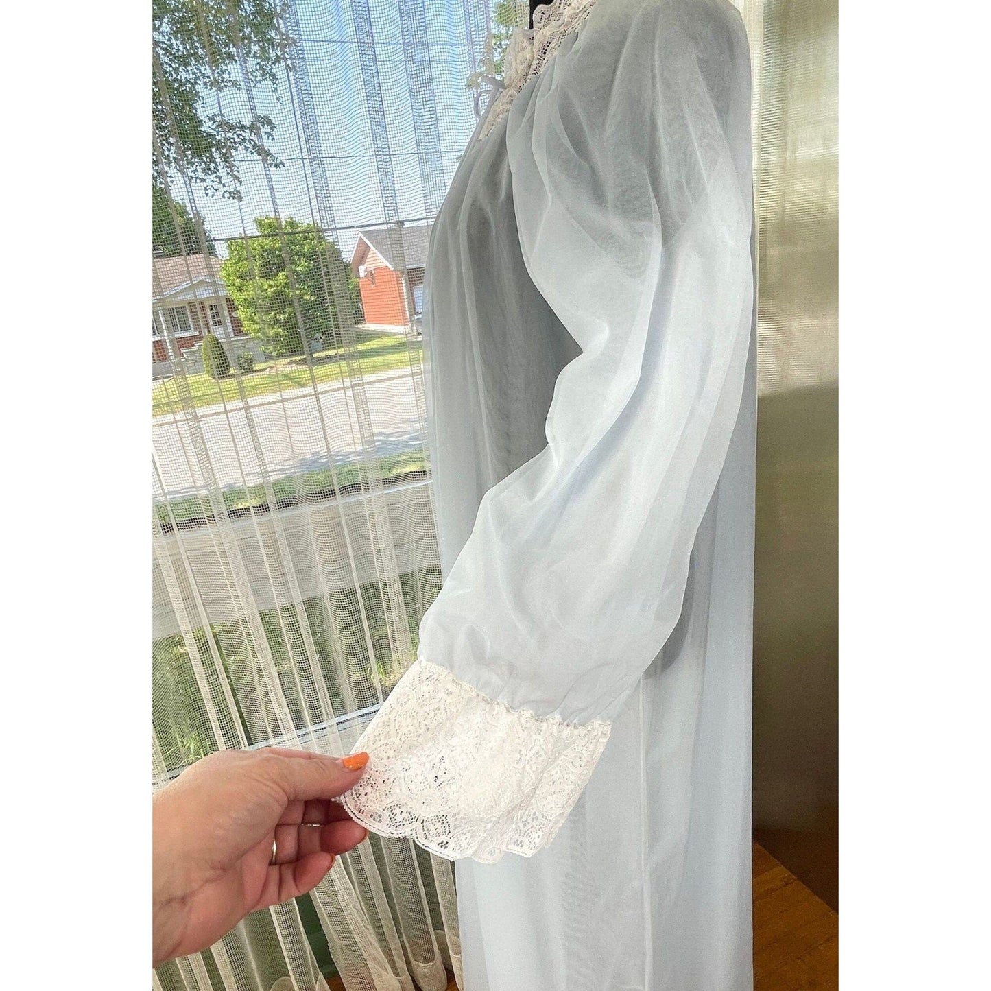Vintage 1960s peignoir, blue chiffon, bridal honeymoon wear