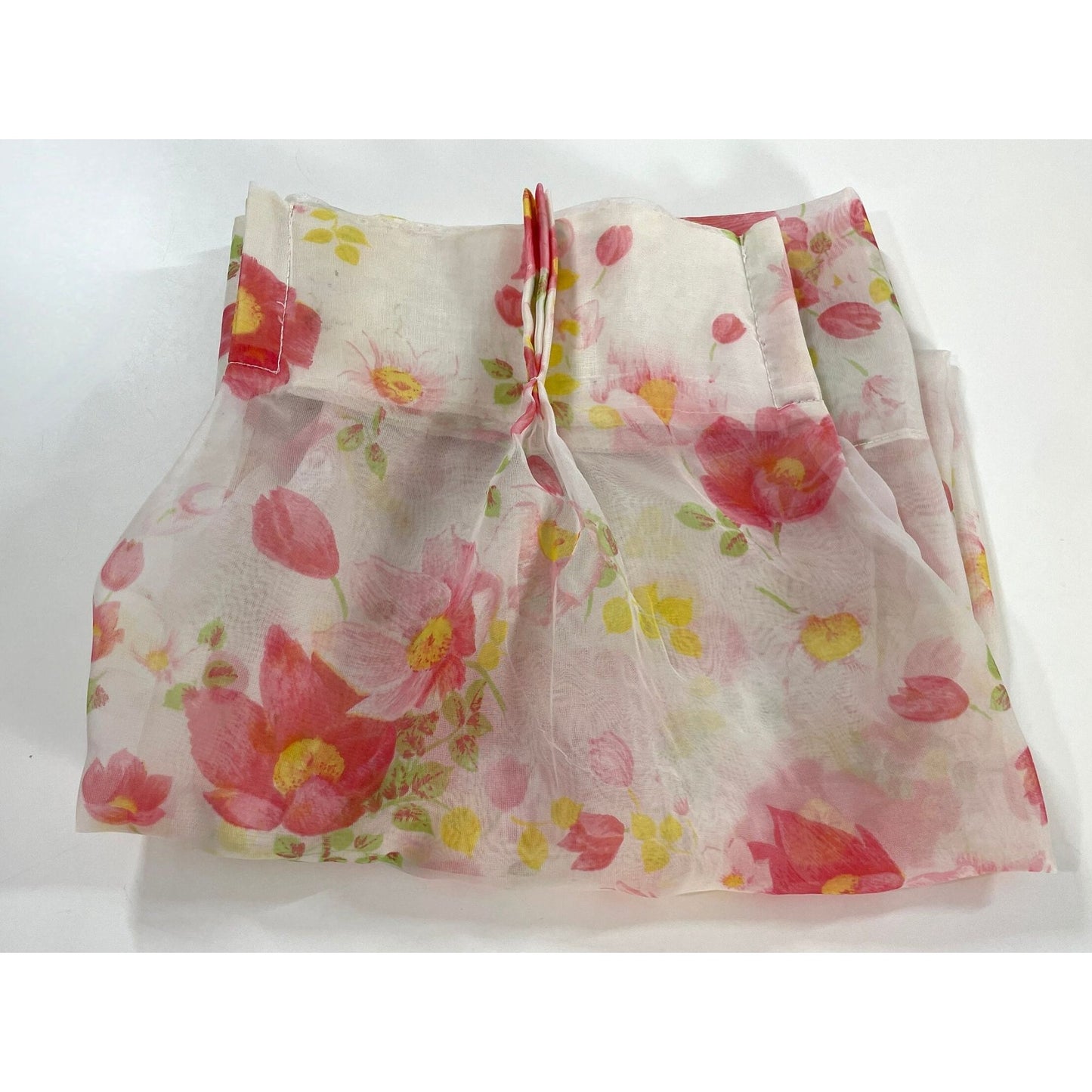 Vintage 70s pleated curtain, pink floral, sheer panel
