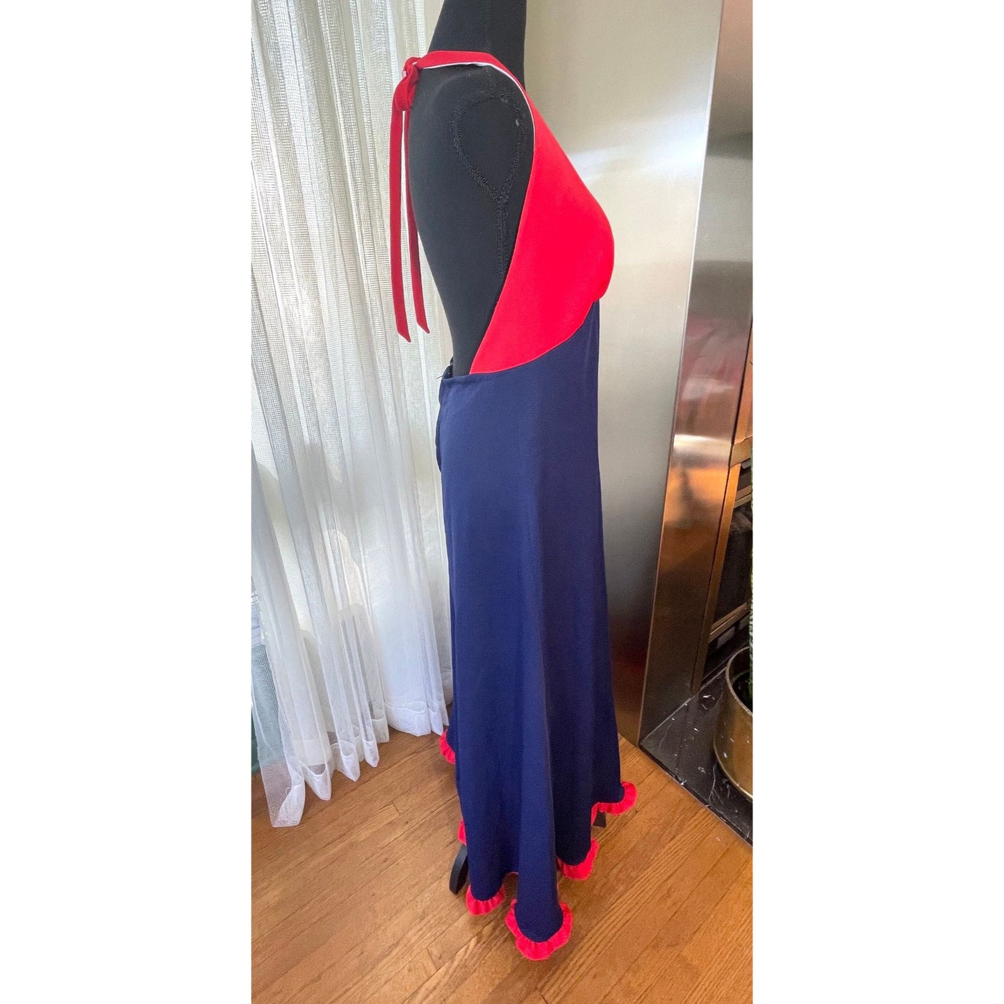 Vintage 70s halter dress, red and navy blue