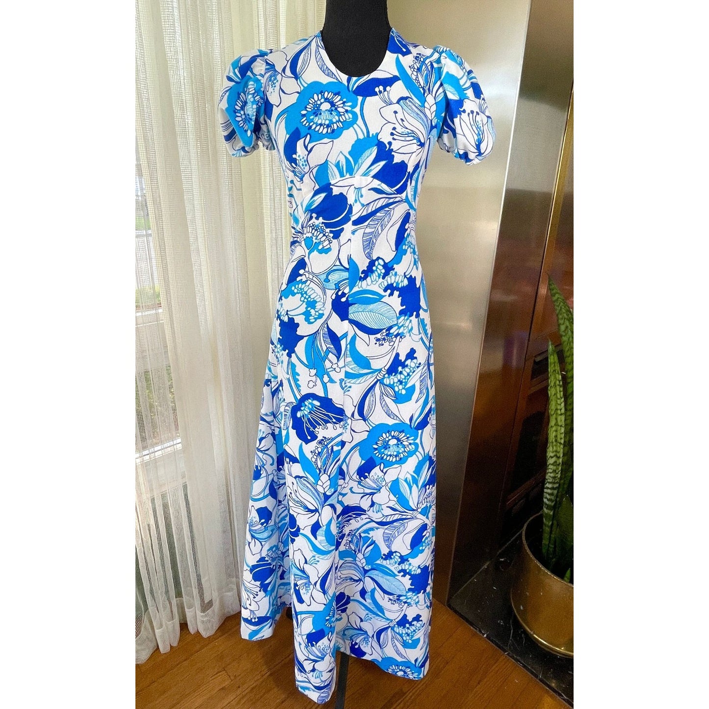 Vintage 1960s maxi dress, large tropical blue flowers