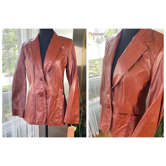 Vintage 70s leather jacket, rust brown, new with original tag, Opera