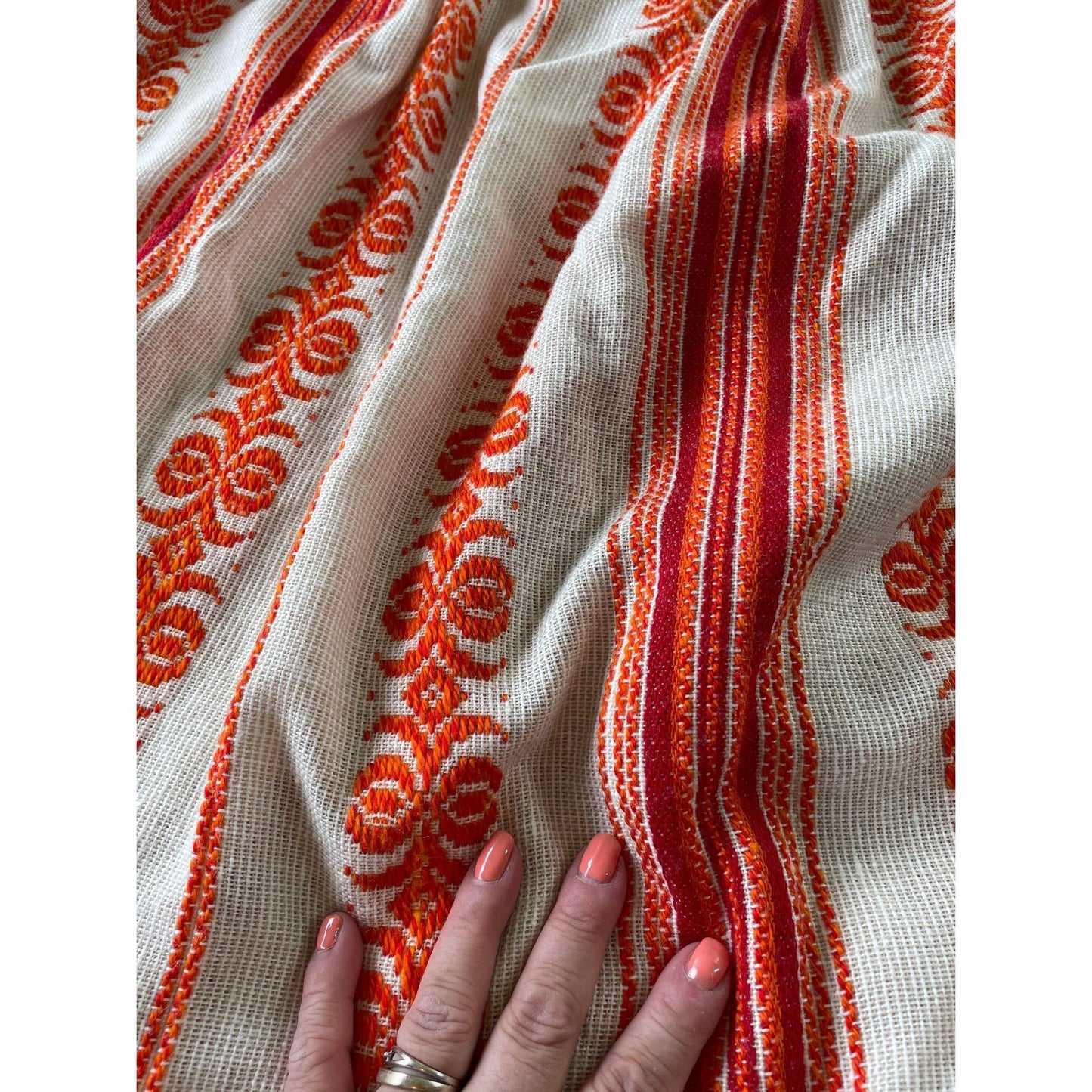 Vintage 70s pleated curtain, red, orange vertical stripes