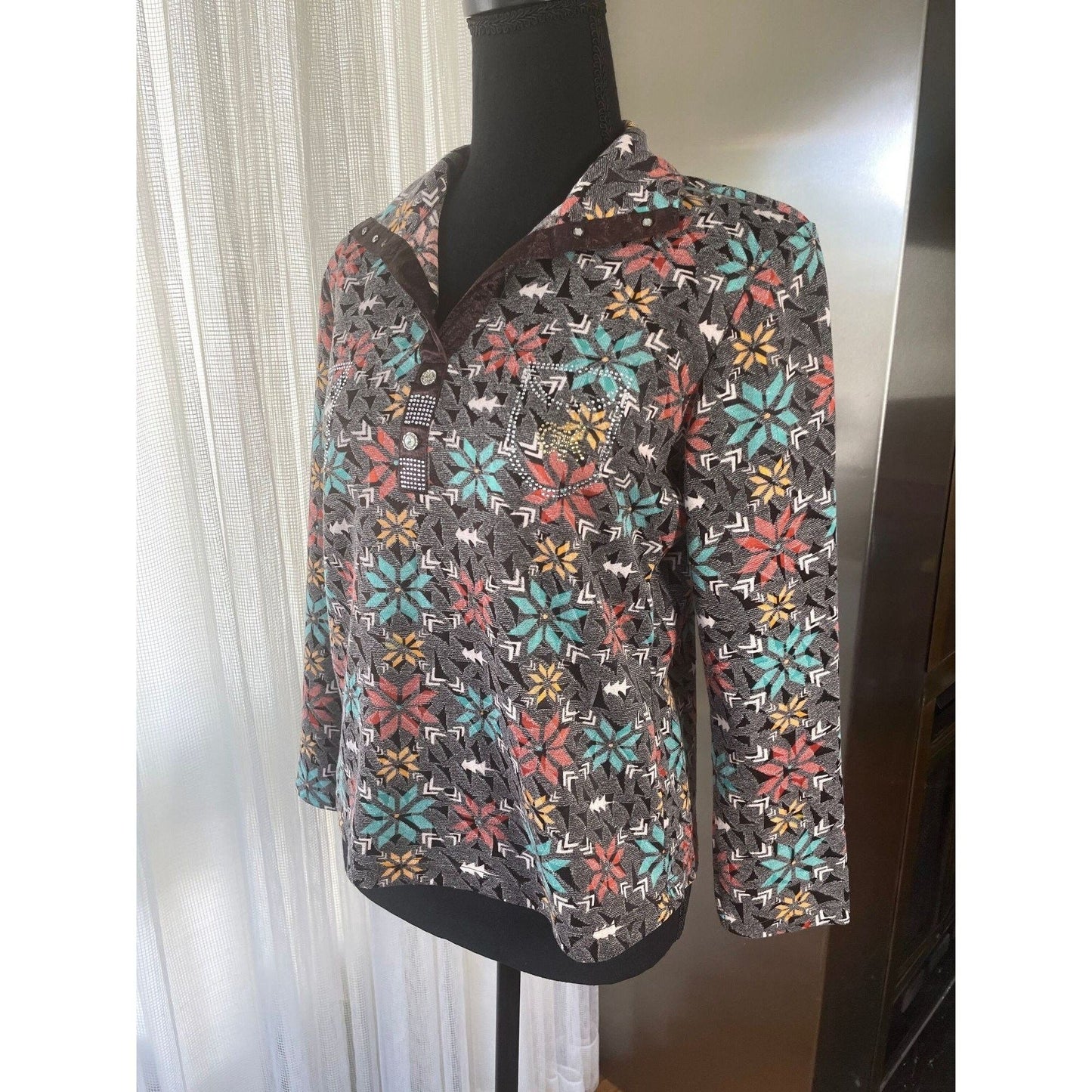 Vintage 70s top, taupe brown, glitter studded top, long sleeves