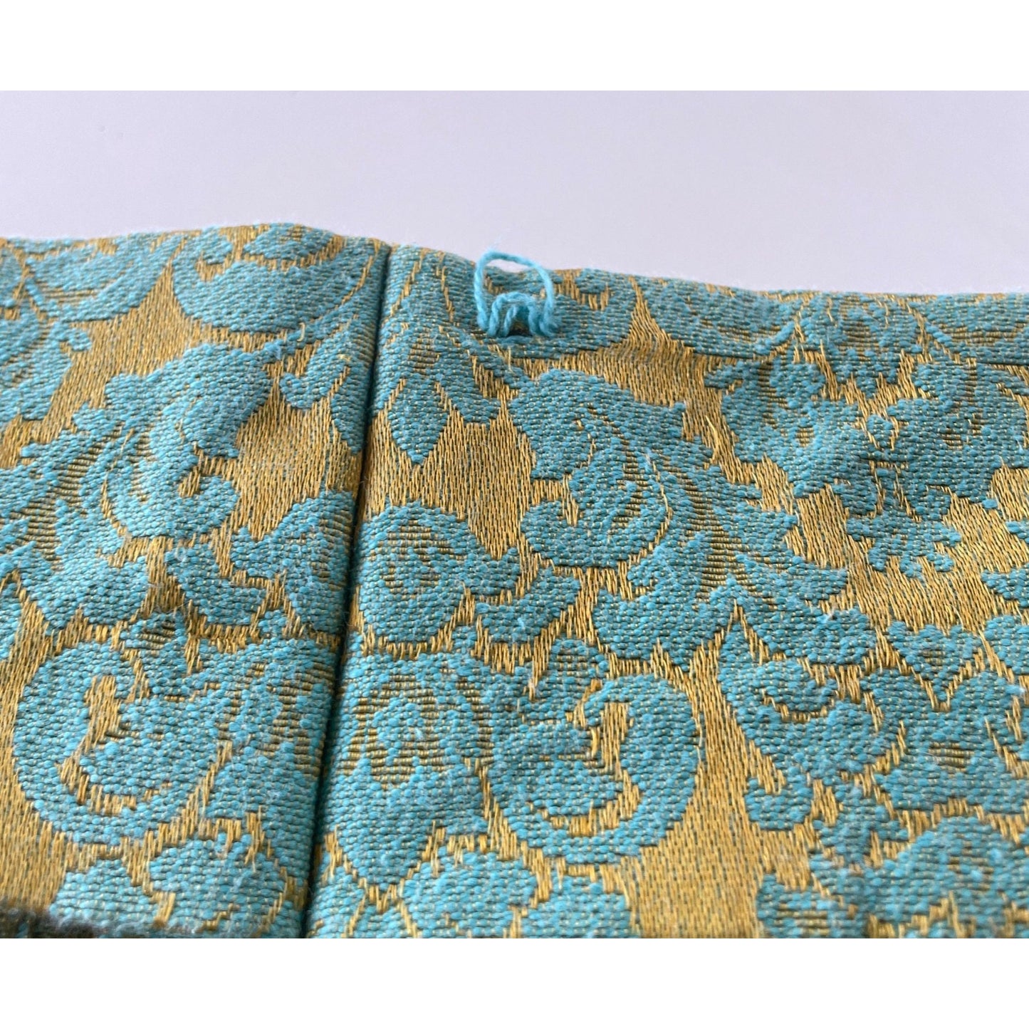 Vintage 60s pleated curtain, teal gold damask