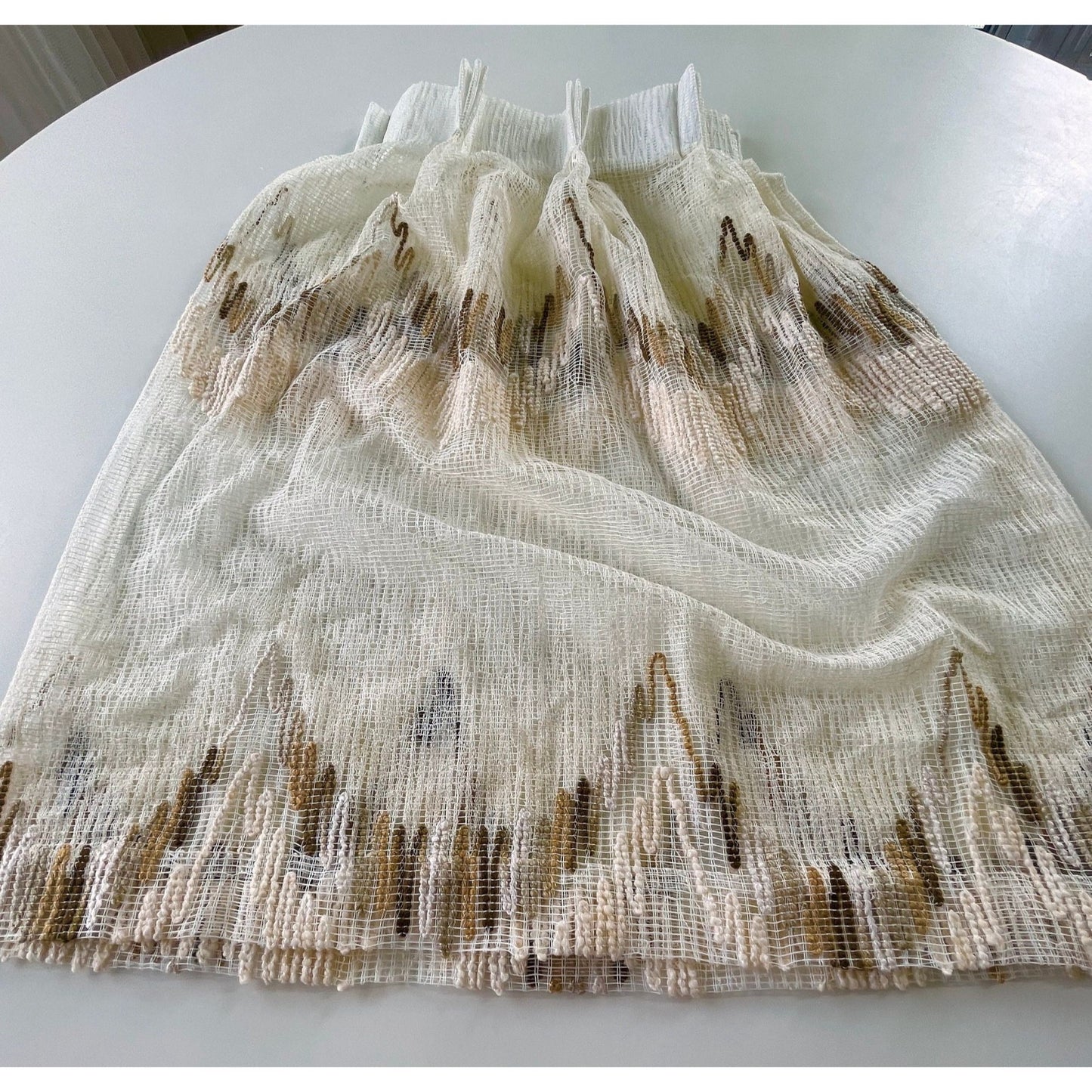 Vintage 80s pleated curtain, tan brown geometric mesh