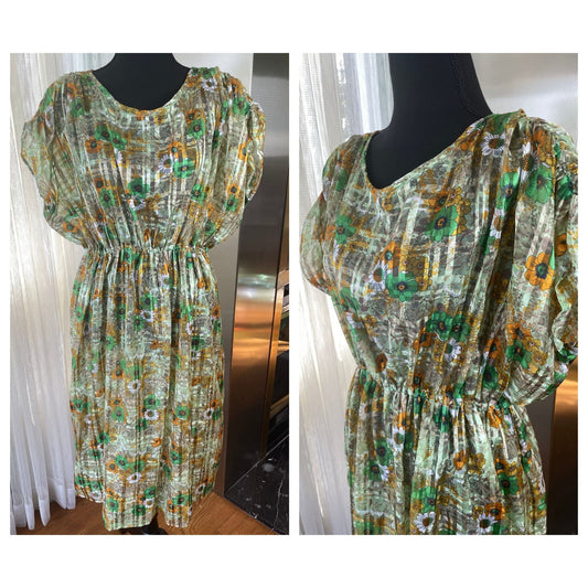 Vintage 80s dress, sheer green orange brown