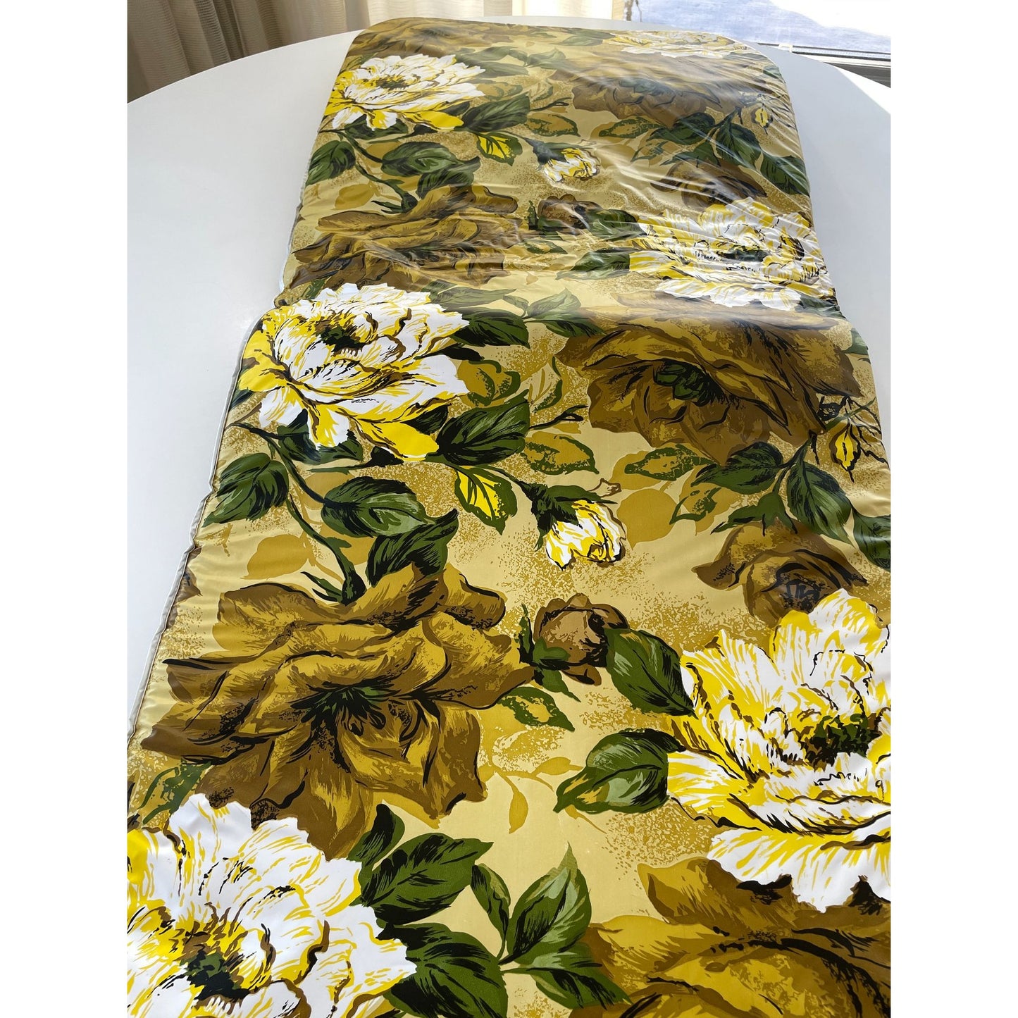Vintage 70s vinyl lounge chair vinyl cushion, brown, green yellow flowers