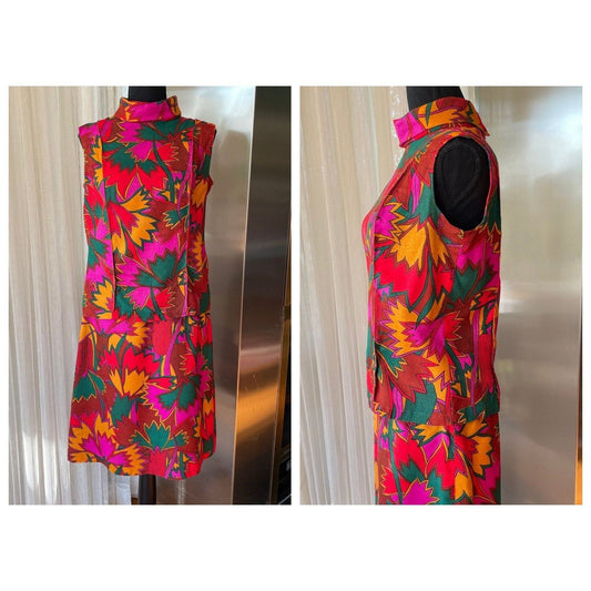 Vintage 70s two pieces set, funky leaves, sleeveless top and straight skirt, Kay Silver