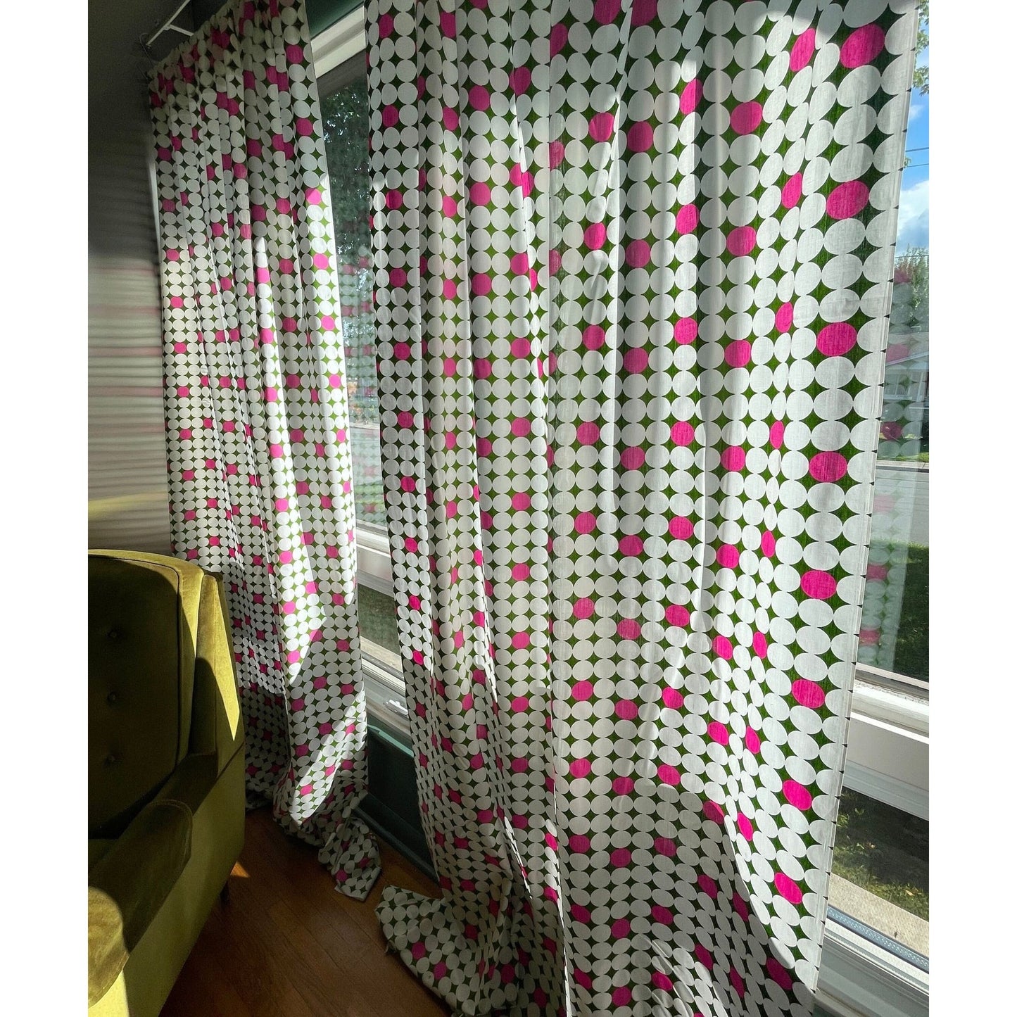 Vintage 70s curtain panels, hot pink and green geometric pattern