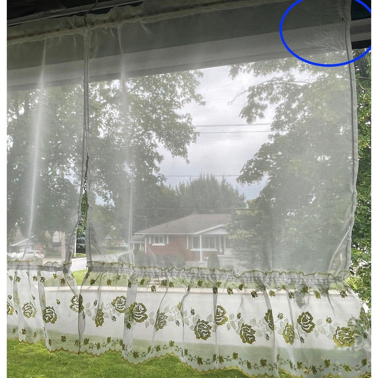 Vintage 50s cafe curtains, flocked floral ruffled panels