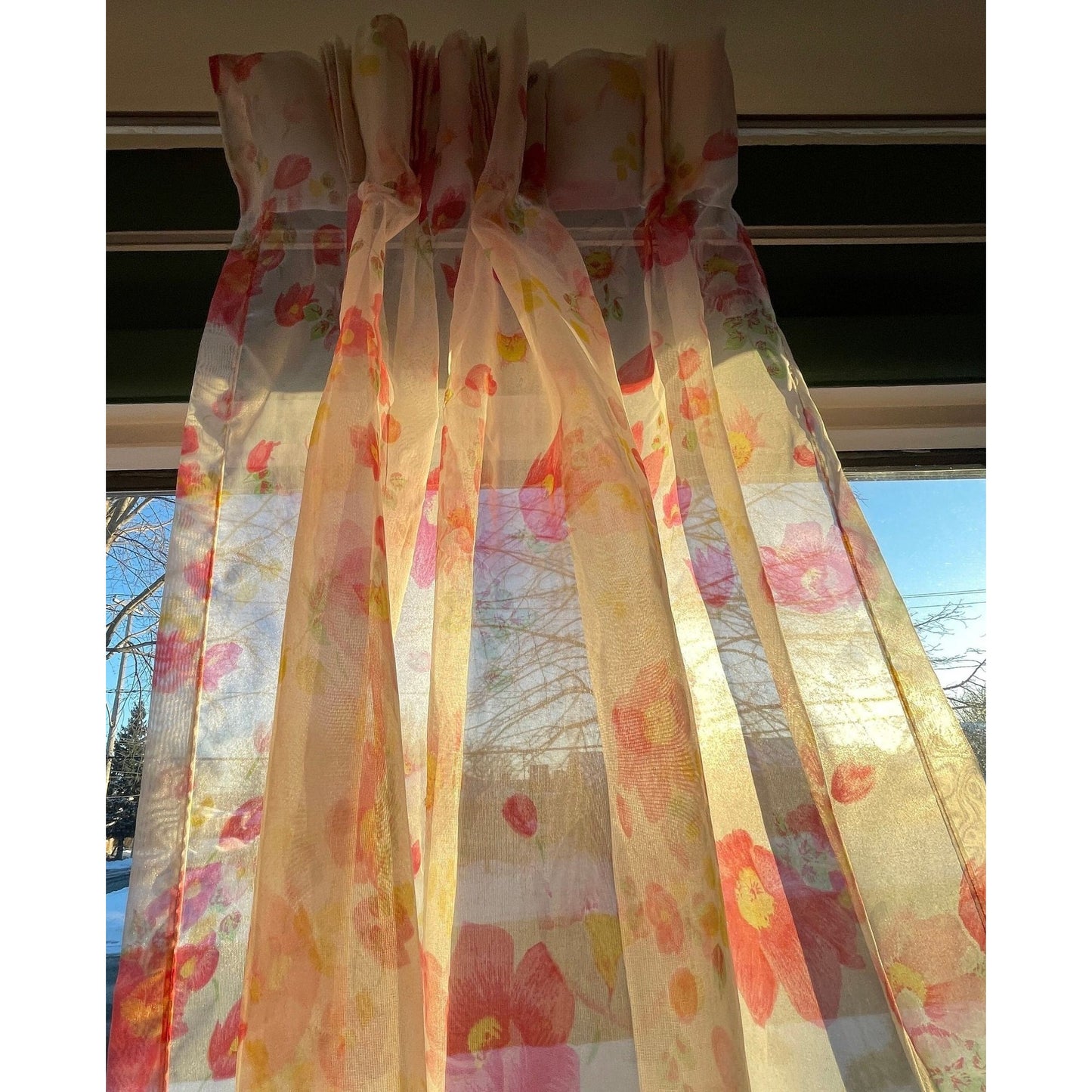 Vintage 70s pleated curtain, sheer pink floral panel