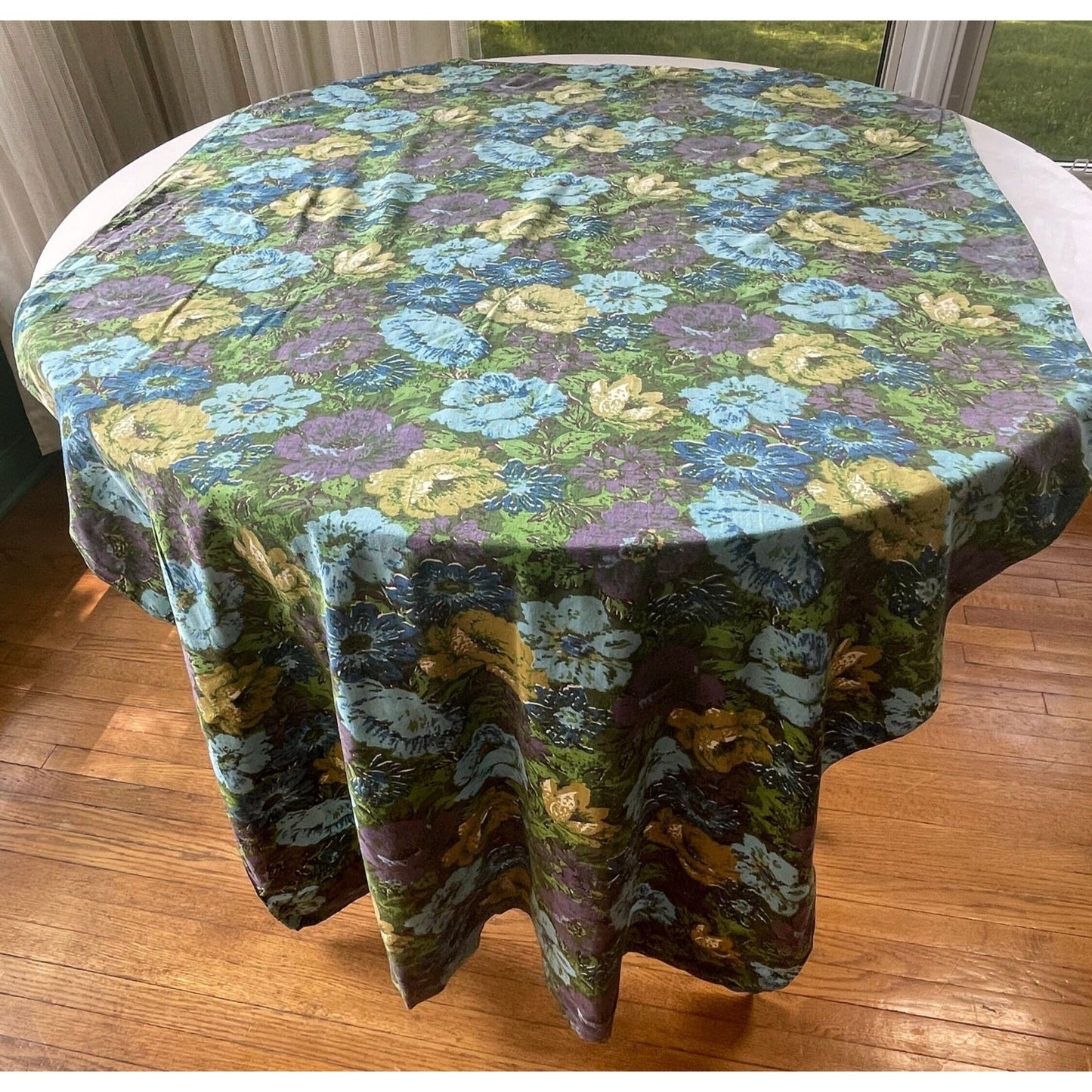 Vintage 60s  green blue purple floral curtain panel