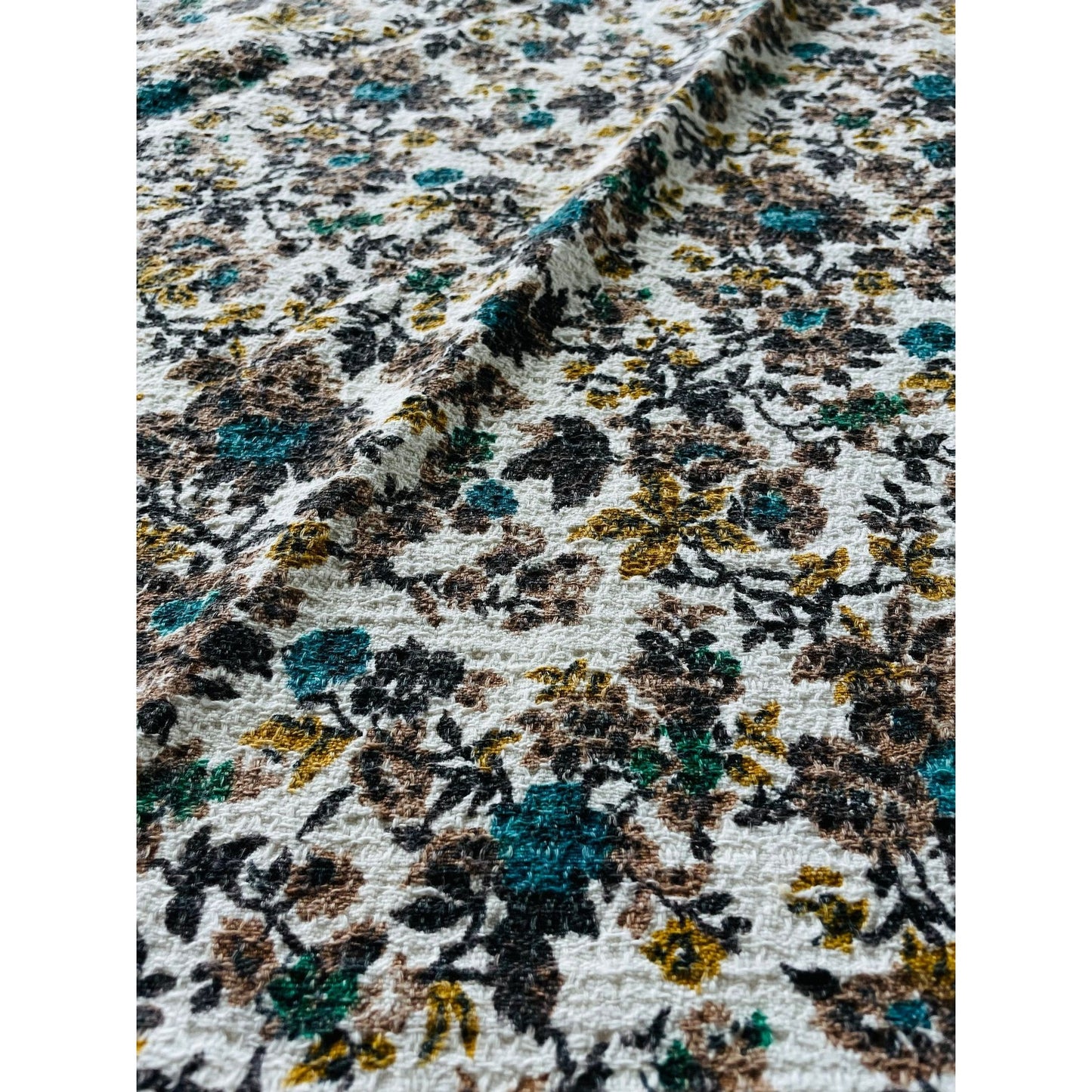 Vintage 60s brown blue floral barkcloth curtain single panel
