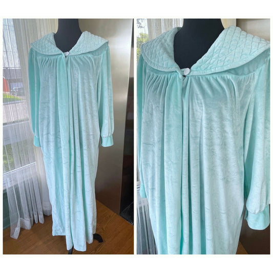 Vintage 1960s robe, sea foam teal blue velvet