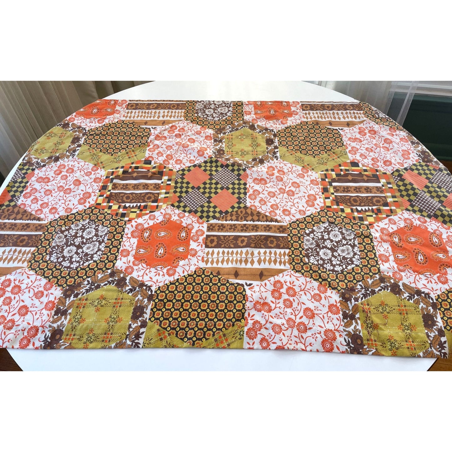 Vintage 70s faux patchwork pattern, orange and brown curtains