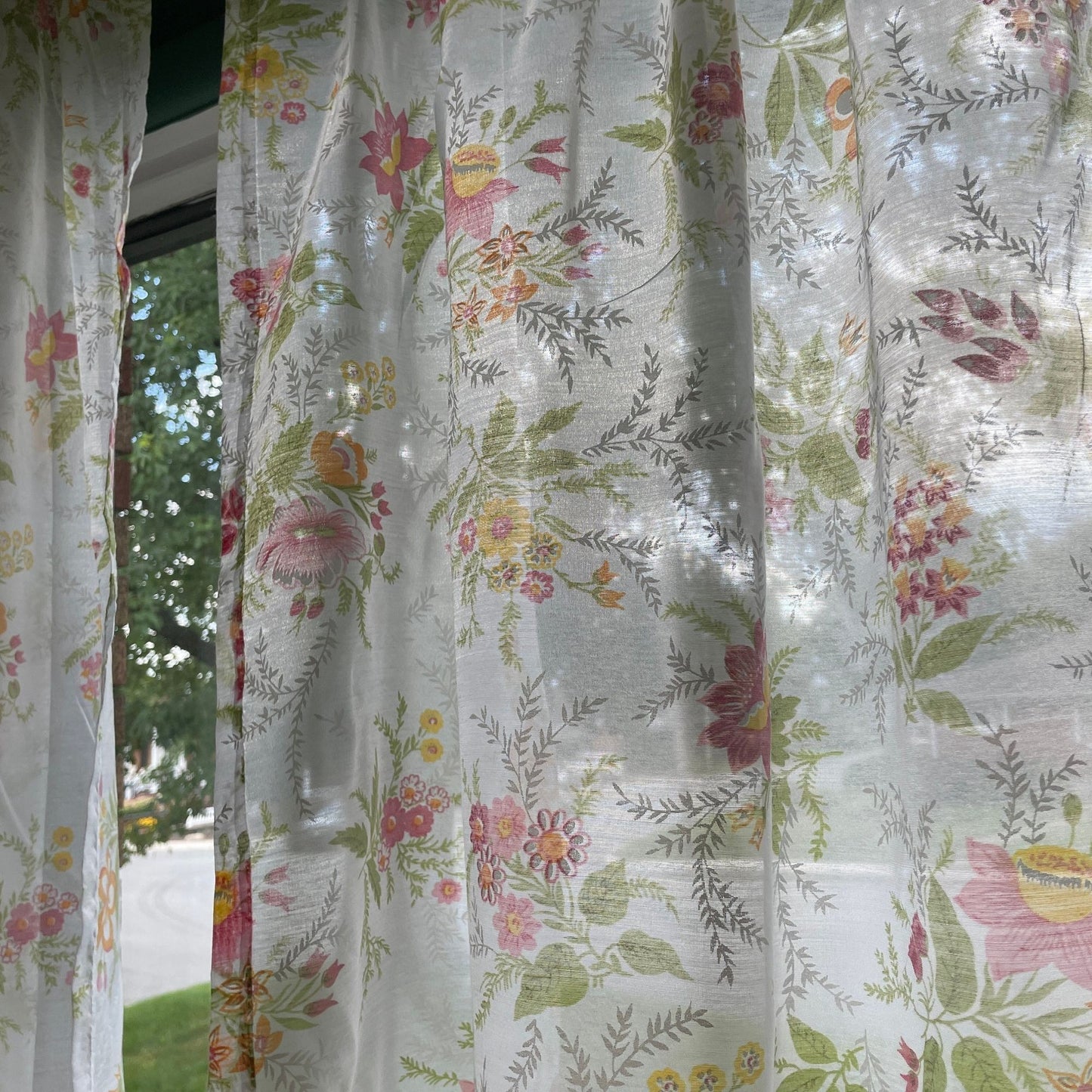 Vintage 70s pleated curtains, orange pink yellow flowers