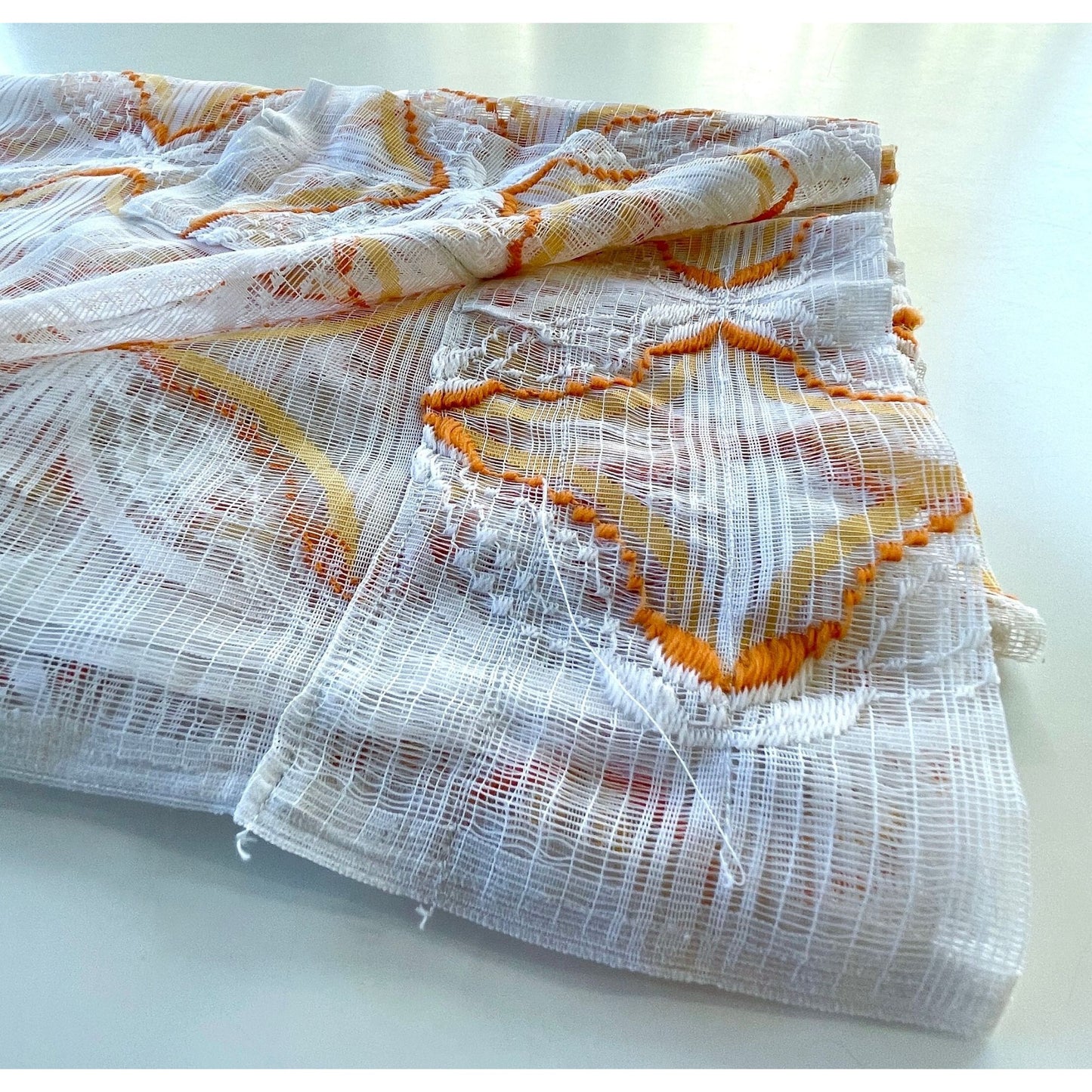Vintage 70s geometric orange white mesh curtain