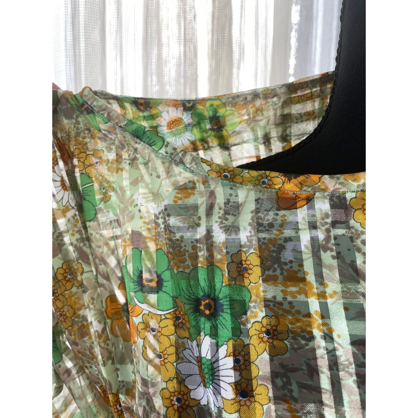 Vintage 80s dress, sheer green orange brown