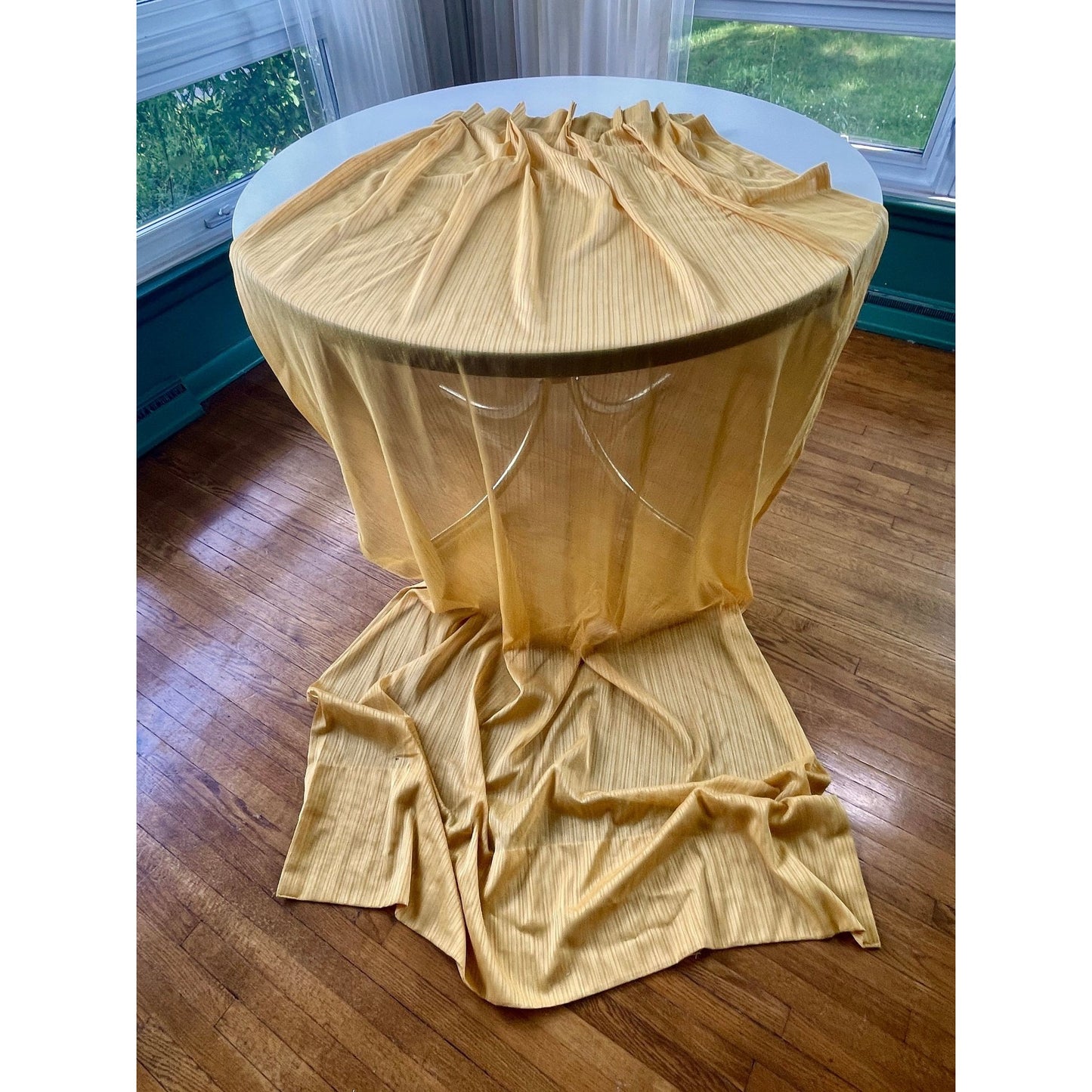 Vintage 70s pleated curtain, yellow sheer panel