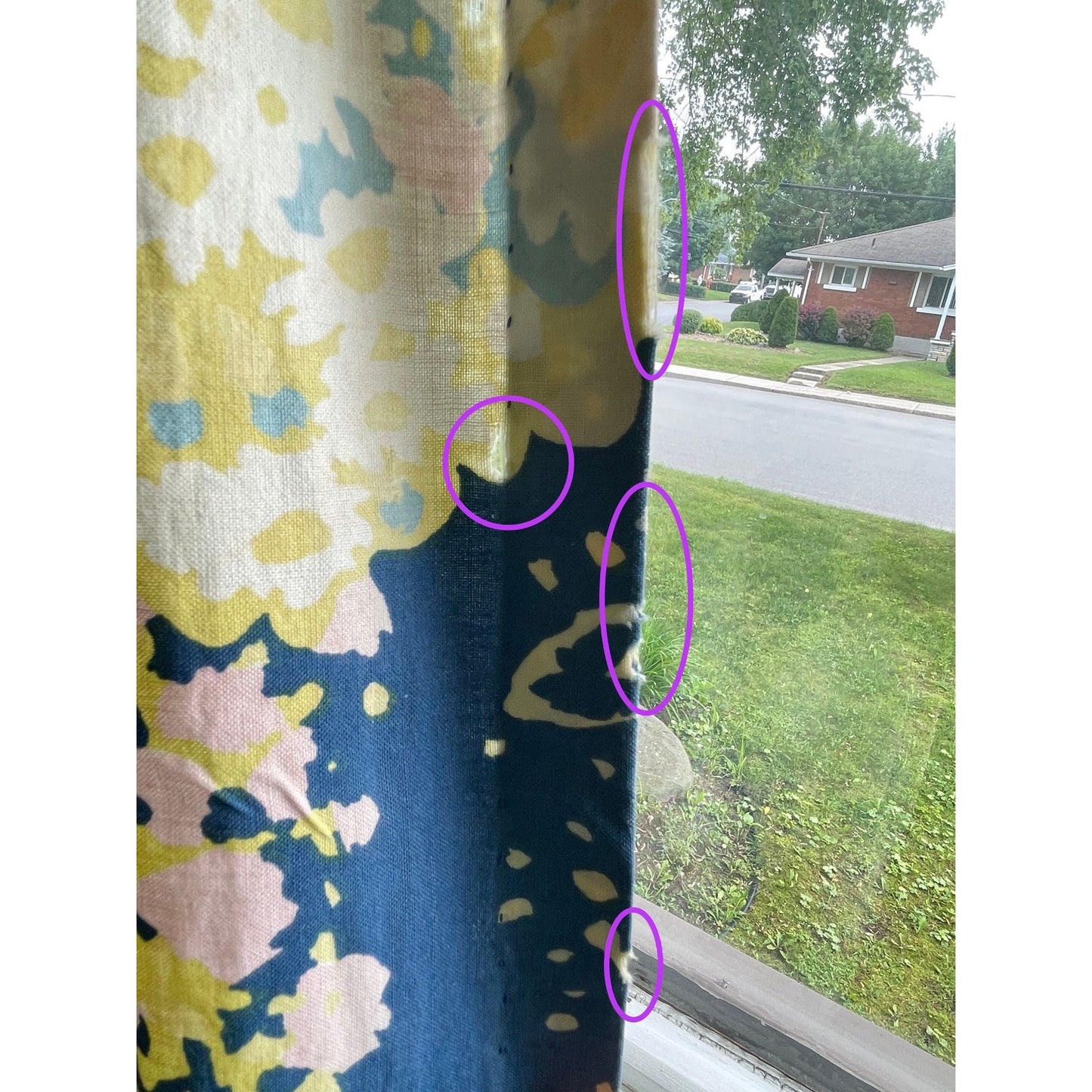 Vintage 80s pleated curtain, blue, green floral panel