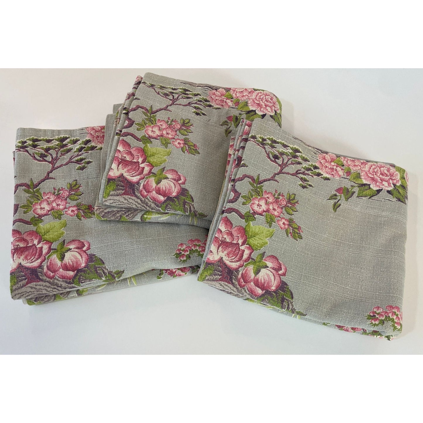 Vintage MCM barkcloth curtain, Asian inspired pink blossom trees