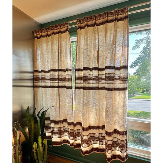 Vintage 70s pleated curtain, brown, beige stripes