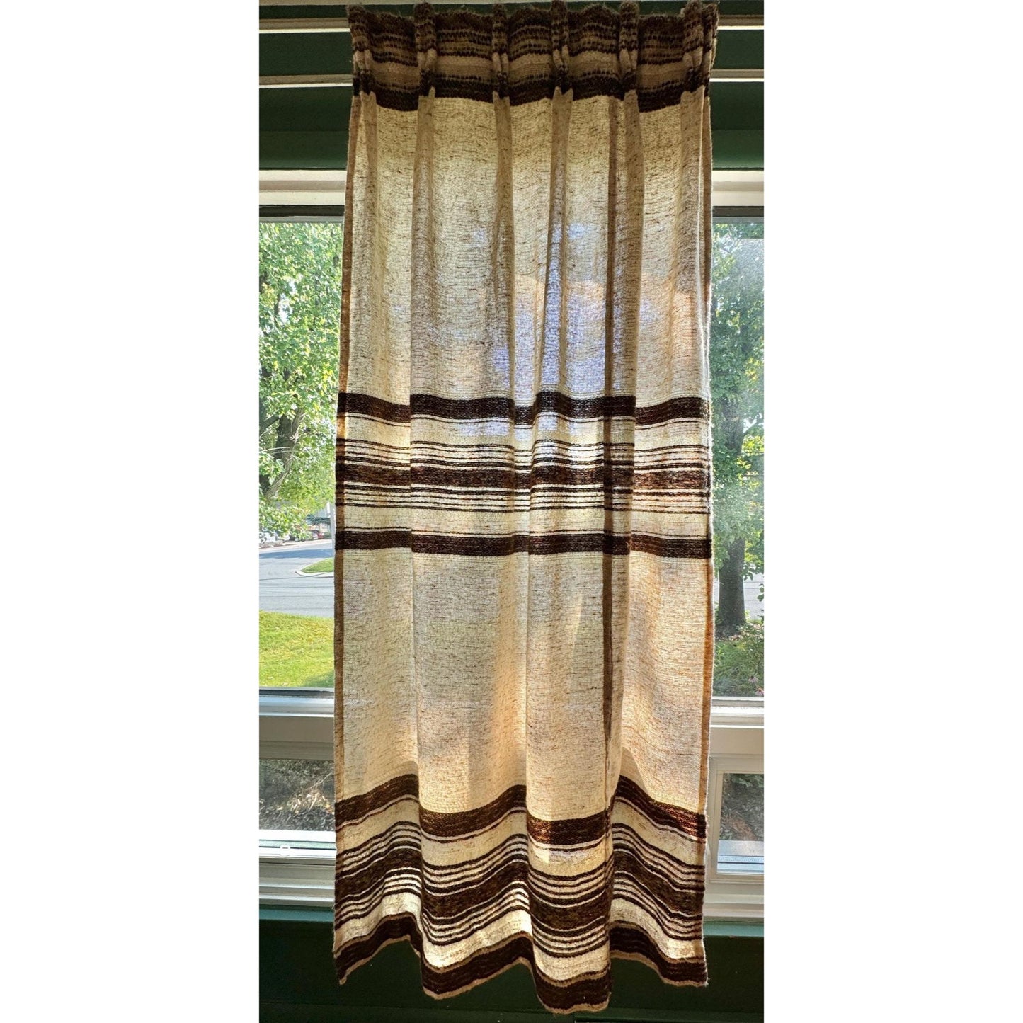 Vintage 70s pleated curtain, brown, beige stripes