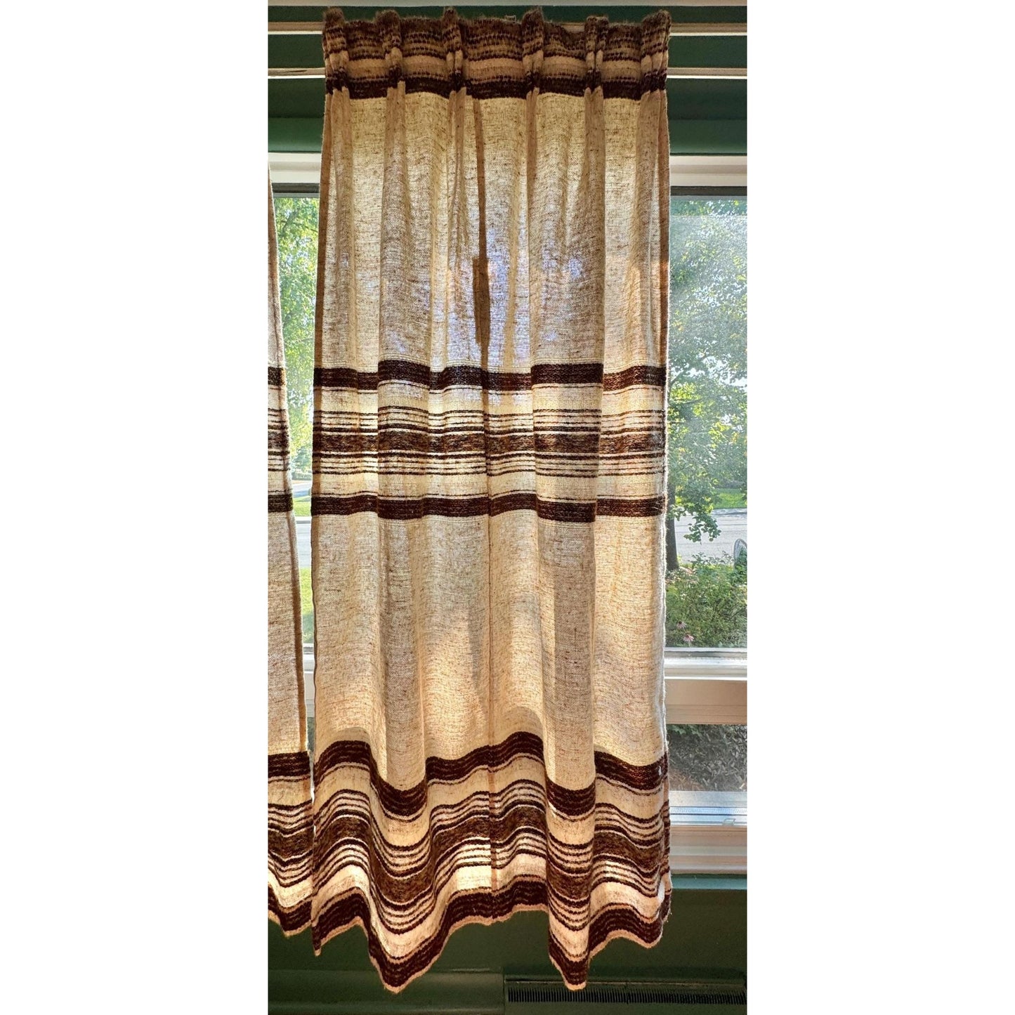 Vintage 70s pleated curtain, brown, beige stripes