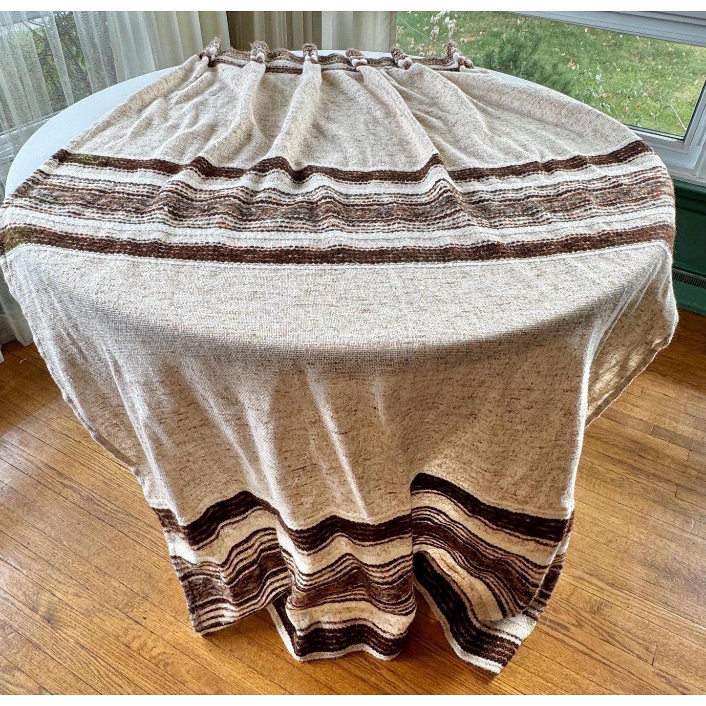 Vintage 70s pleated curtain, brown, beige stripes